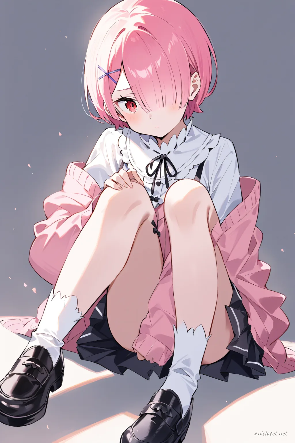 Full-body illustration of Ram in her signature look variant 08, wearing a white short-sleeve blouse, pale pink cardigan, black pleated skirt, white ankle socks, and black Mary Jane shoes, standing against a clean studio backdrop