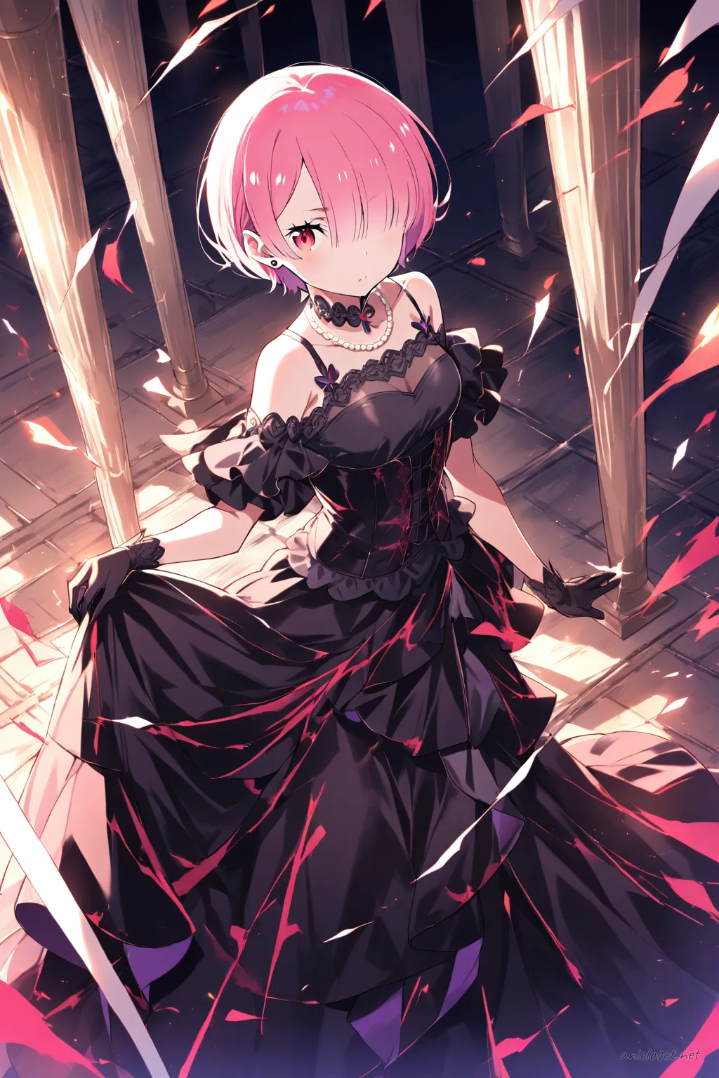 Full-body three-quarter view illustration of Ram in a black off-shoulder satin evening gown with slit skirt, pearl necklace, diamond earrings, sheer gloves, and black high heels against a clean background
