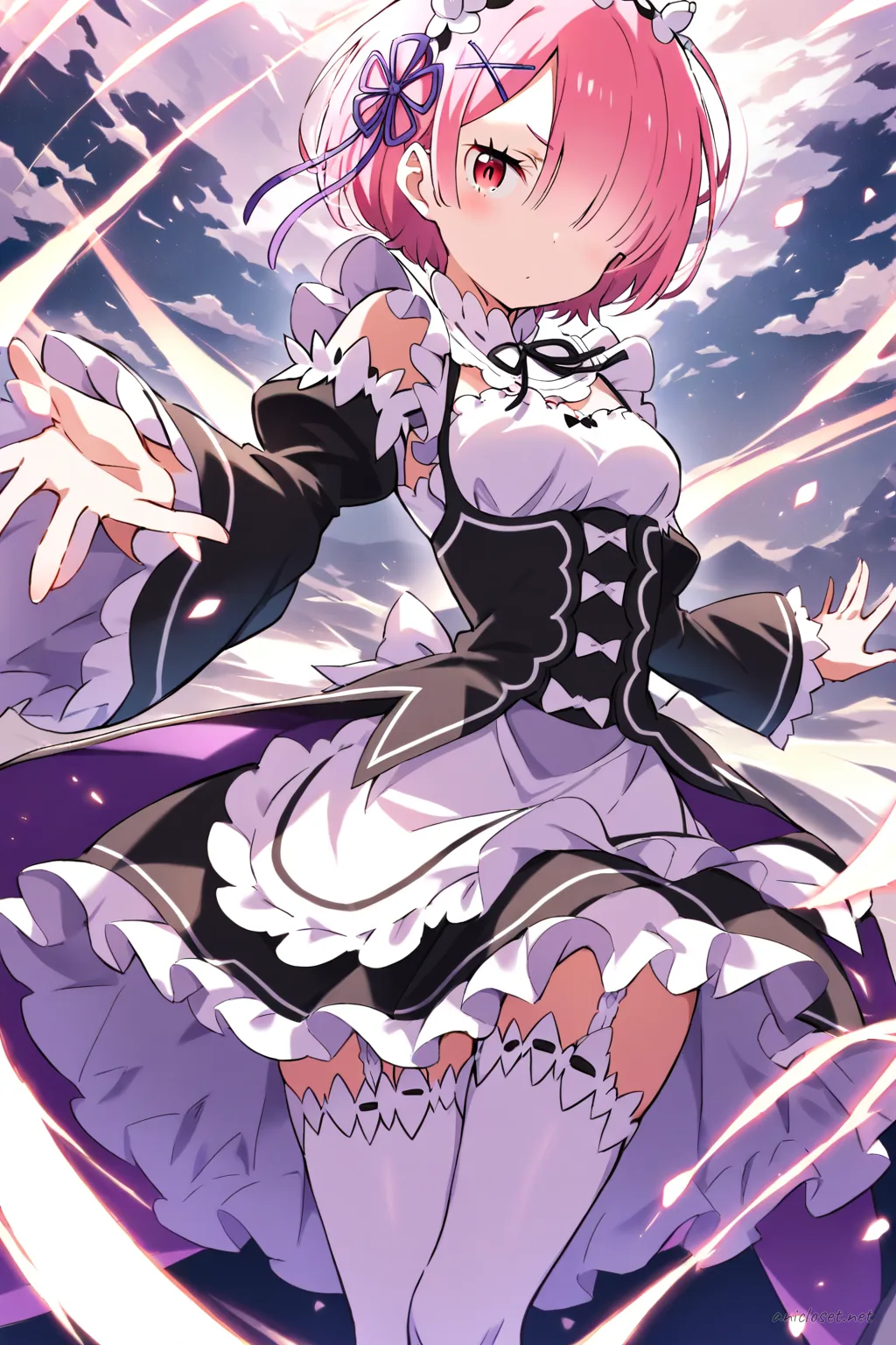 Full-body three-quarter view of Ram in a frilled maid dress with puffed sleeves, layered skirt, and wind-blown fabric details