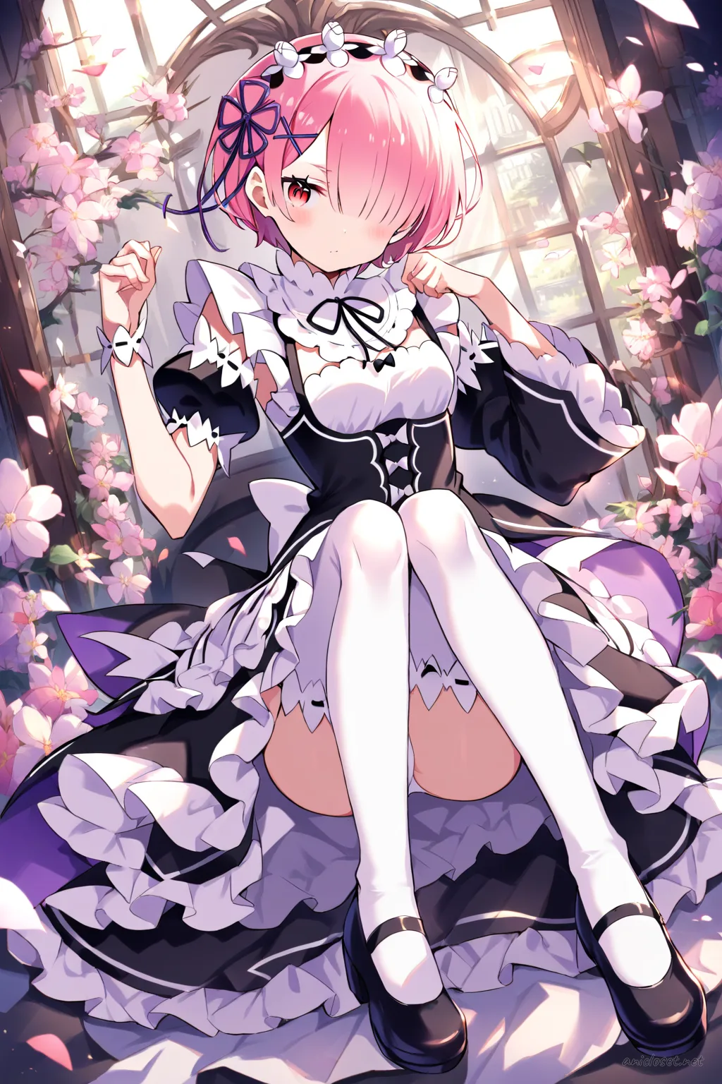 Ram seated in a frilled maid dress with maid headdress, puffed sleeves, white apron, black ribbon necktie, lace cuffs, thigh-high stockings, and black Mary Jane shoes under soft studio lighting