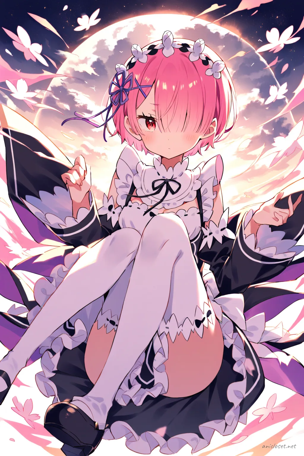 Full-body illustration of Ram in maid dress with frilled headband and apron, standing in three-quarter turn pose on clean background