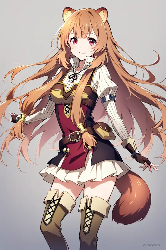 Full-body fashion illustration of Raphtalia standing in her classic brown leather corset, white puffed blouse, green pleated skirt, brown thigh-high boots, leather belt with pouch, and fingerless gloves against a clean studio background
