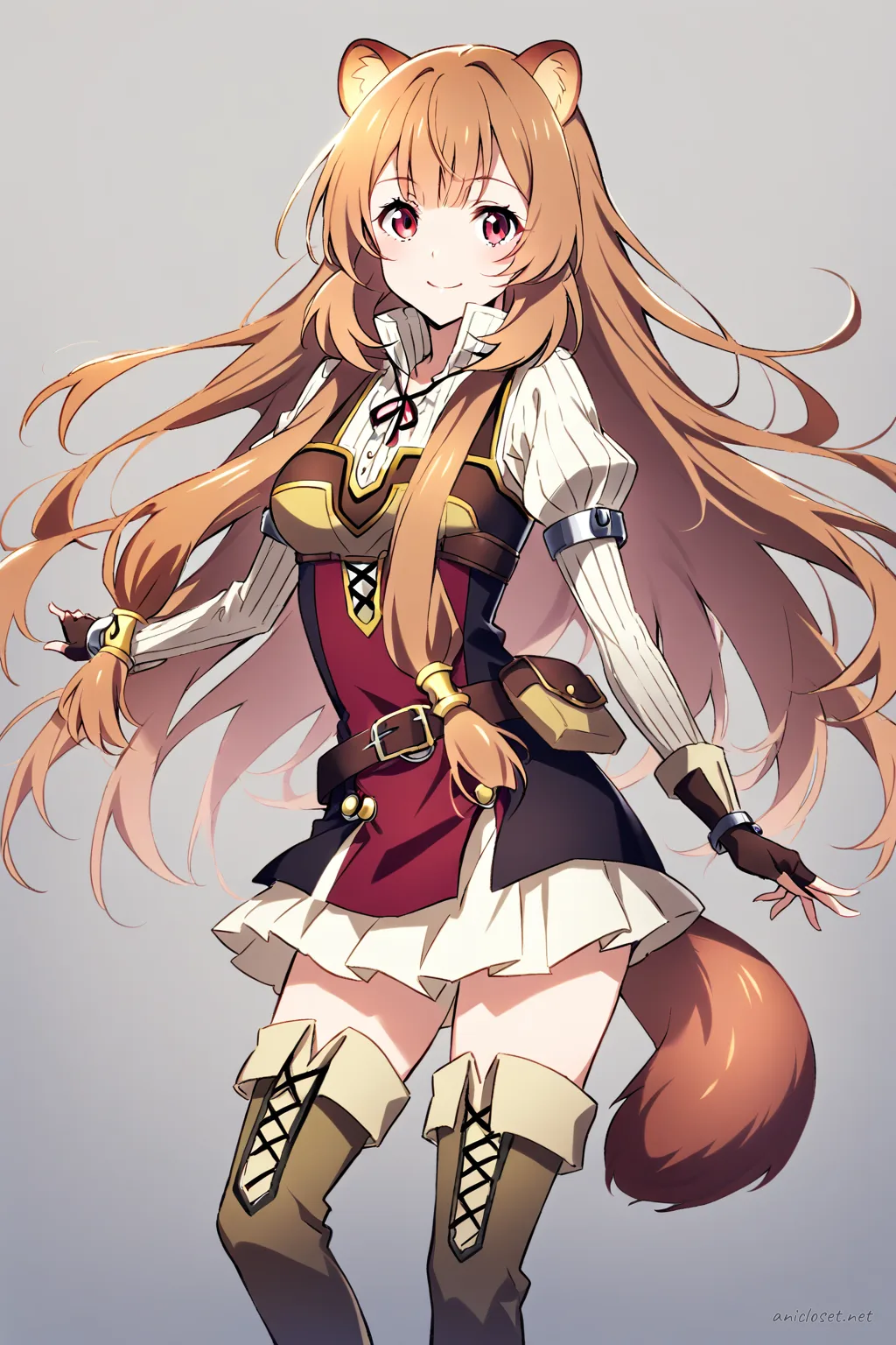 Full-body fashion illustration of Raphtalia standing in her classic brown leather corset, white puffed blouse, green pleated skirt, brown thigh-high boots, leather belt with pouch, and fingerless gloves against a clean studio background