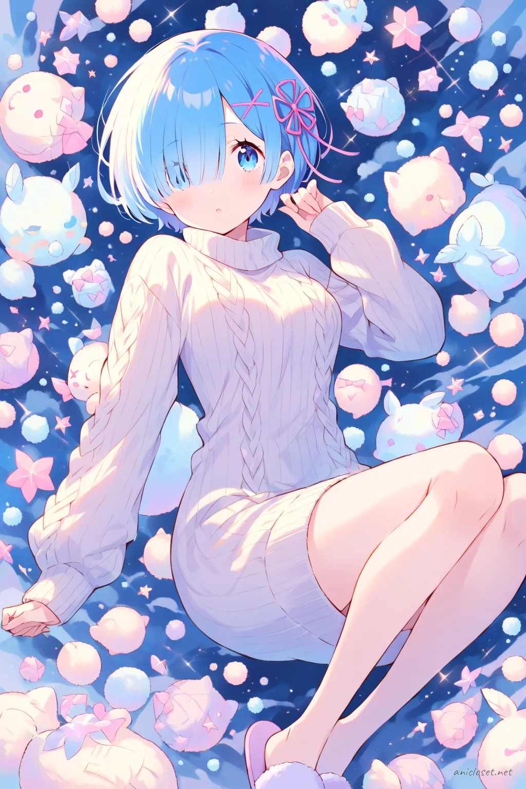 Full-body illustration of Rem from Re:Zero wearing a pastel knit sweater dress with long sleeves and fuzzy slippers, standing against a clean studio backdrop