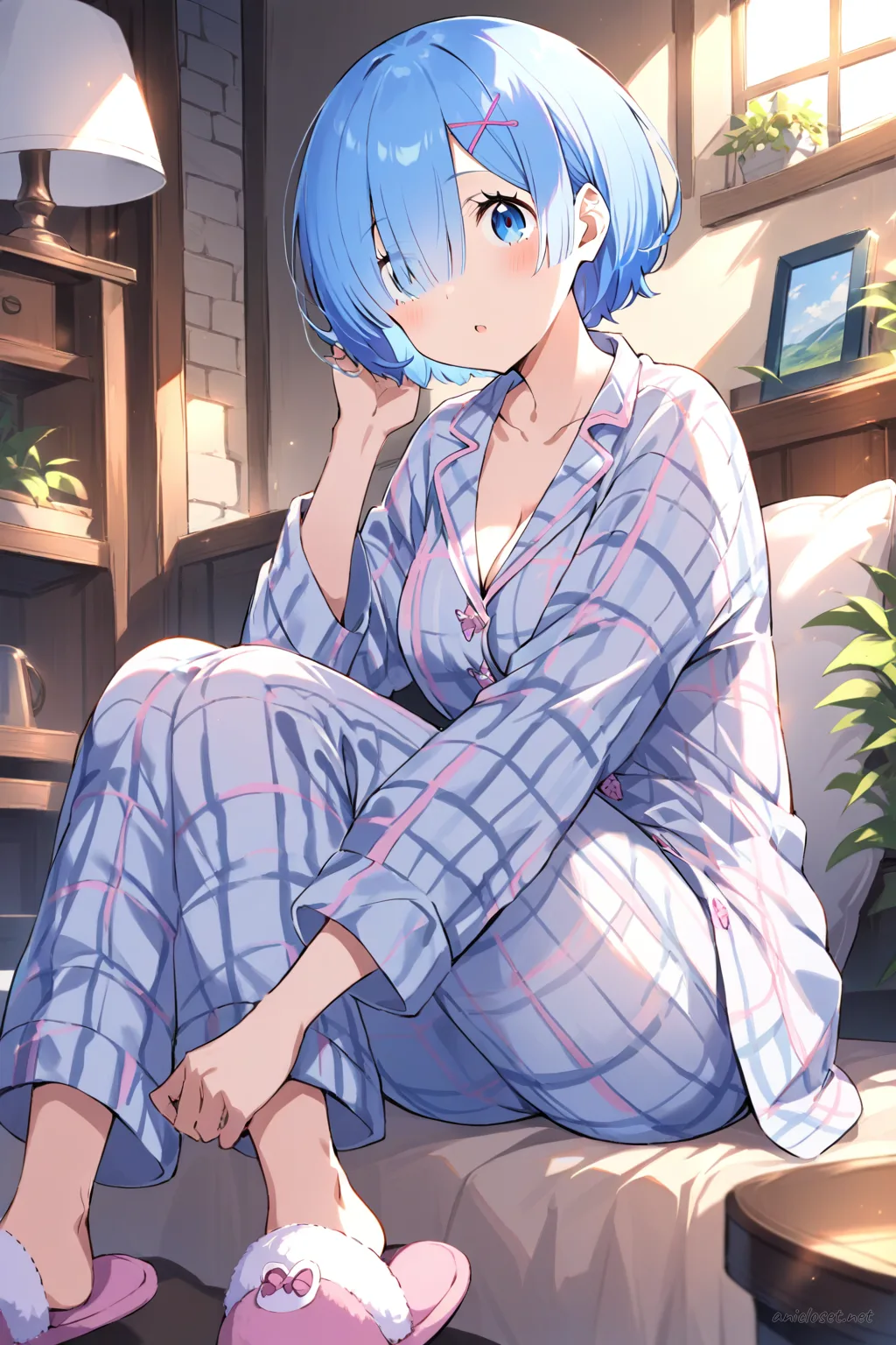 Full-body illustration of Rem from Re:Zero in a flannel pajama-inspired modest lounge outfit, standing pose with shoes visible against a clean studio backdrop