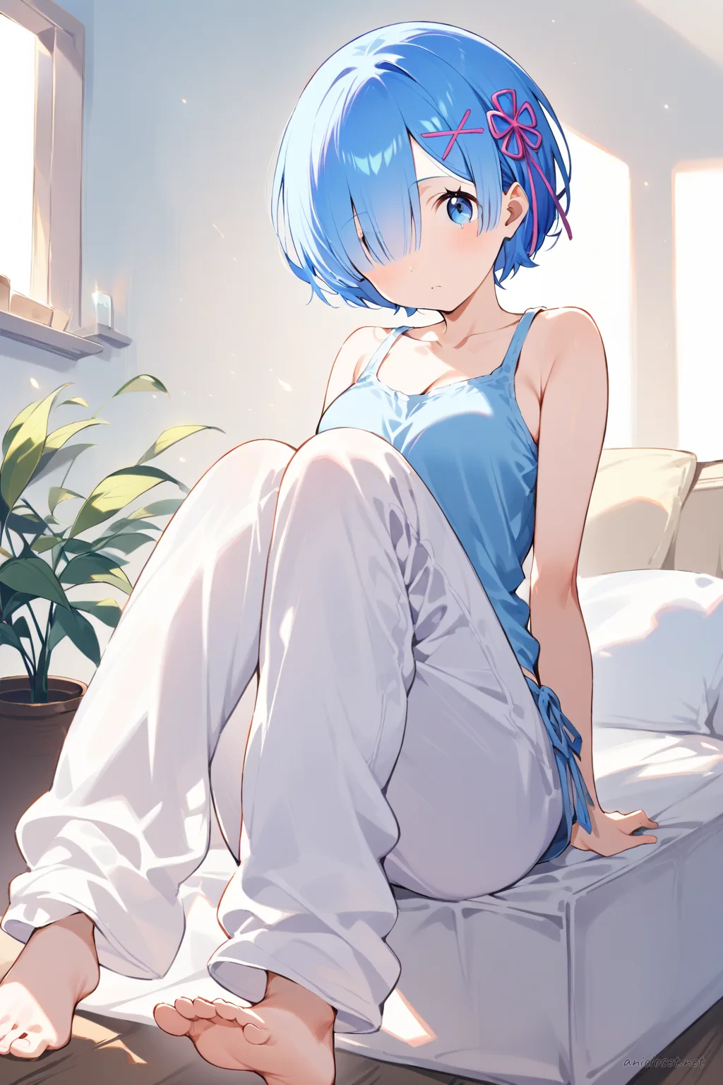 Illustration of Rem from Re:Zero wearing a tank top and wide linen pants in a knee-up half-body pose with soft studio lighting
