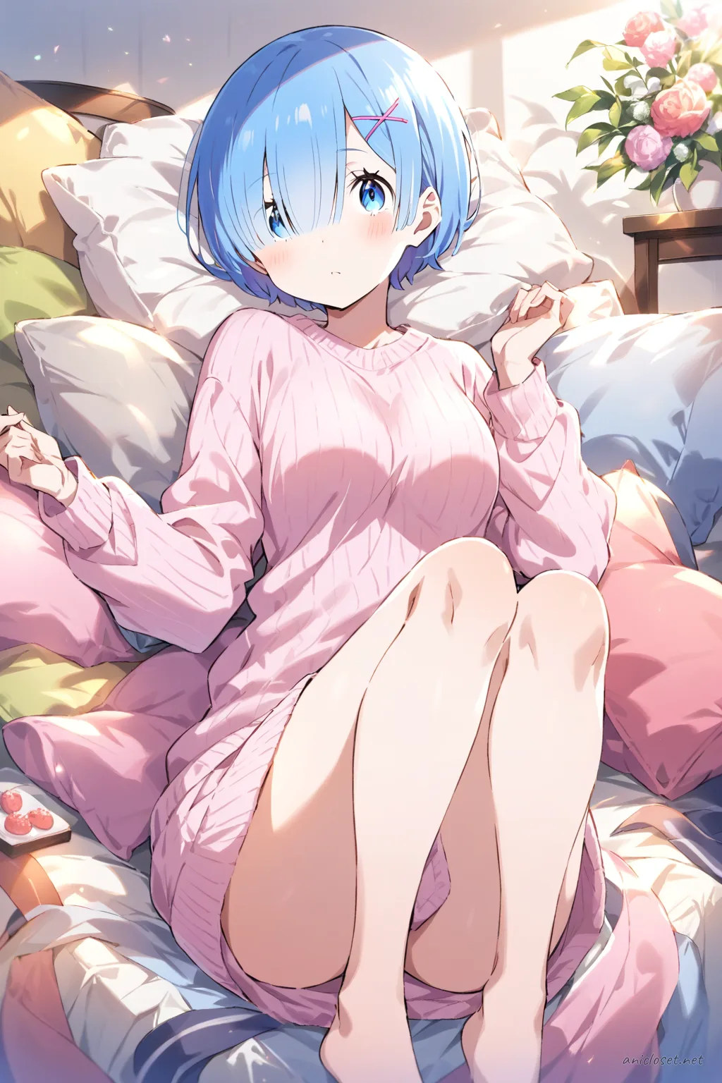 Full-body three-quarter view illustration of Rem wearing a soft pink knit lounge dress with long sleeves and ribbed cuffs, no footwear, simple hair ornament, plain background