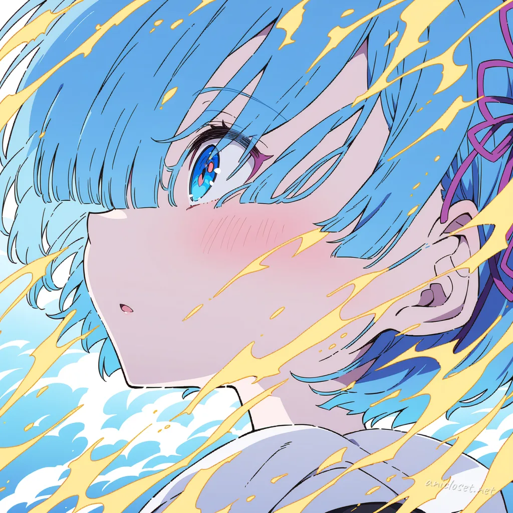 Illustration of Rem from Re:Zero wearing an oversized long-sleeve hoodie with front pouch pocket, light-wash cuffed jeans, white low-top sneakers, and a simple necklace against a clean background with soft studio lighting