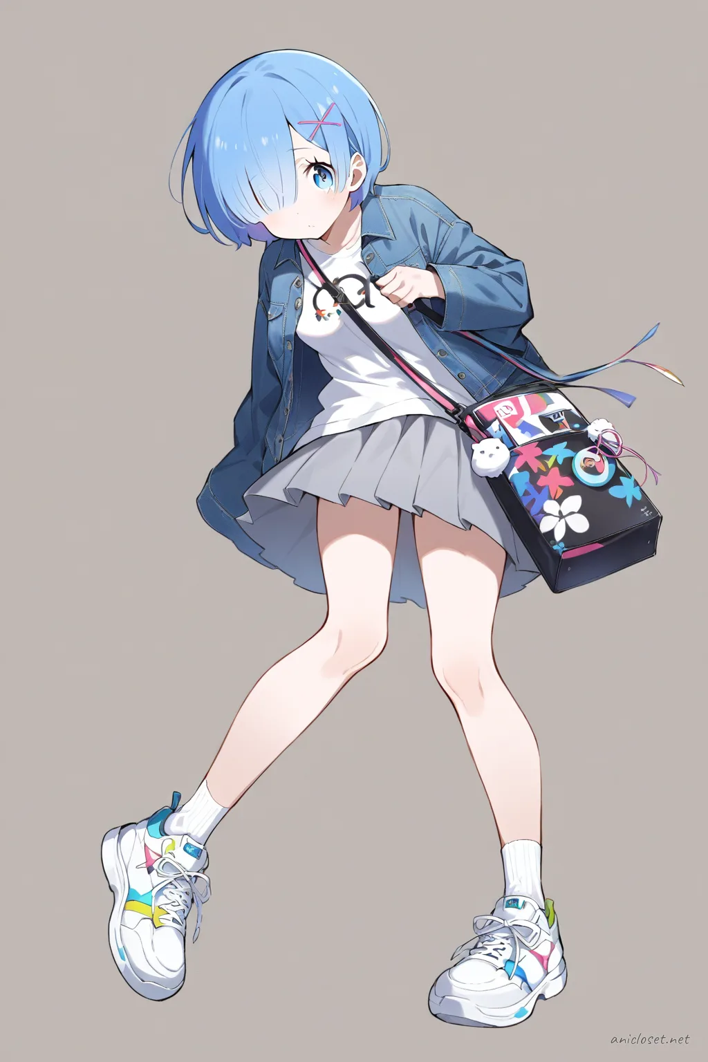 Illustration of Rem from Re:Zero wearing a denim jacket, graphic t-shirt, pleated skirt, ankle socks, and white sneakers standing against a clean studio backdrop