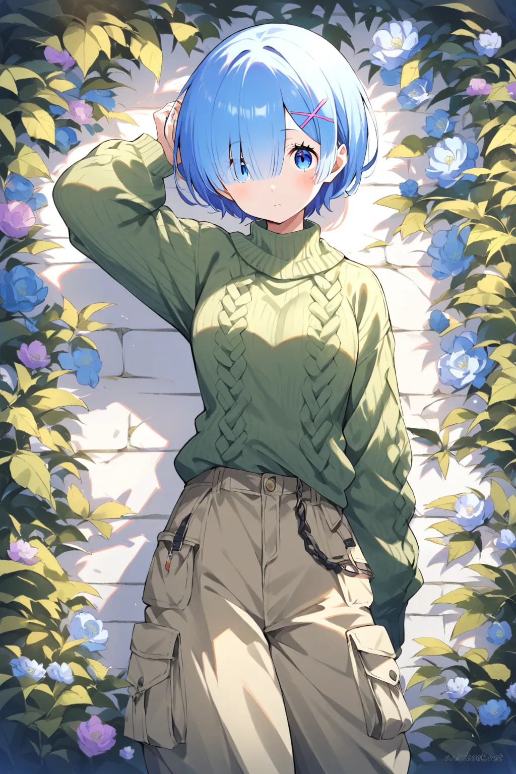 Full-body three-quarter view illustration of Rem wearing a cropped olive green knit sweater with long sleeves and high neckline, tapered khaki cargo pants with multiple pockets, black belt, white low-top sneakers, simple silver hoop earrings, and a black wristwatch against a clean studio background