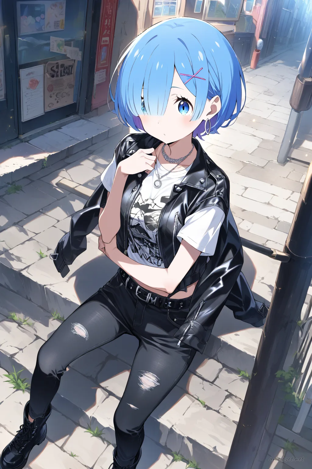 Illustration of Rem from Re:Zero in a black leather jacket, white graphic tee, and black skinny jeans, shown from knee-up with soft studio lighting