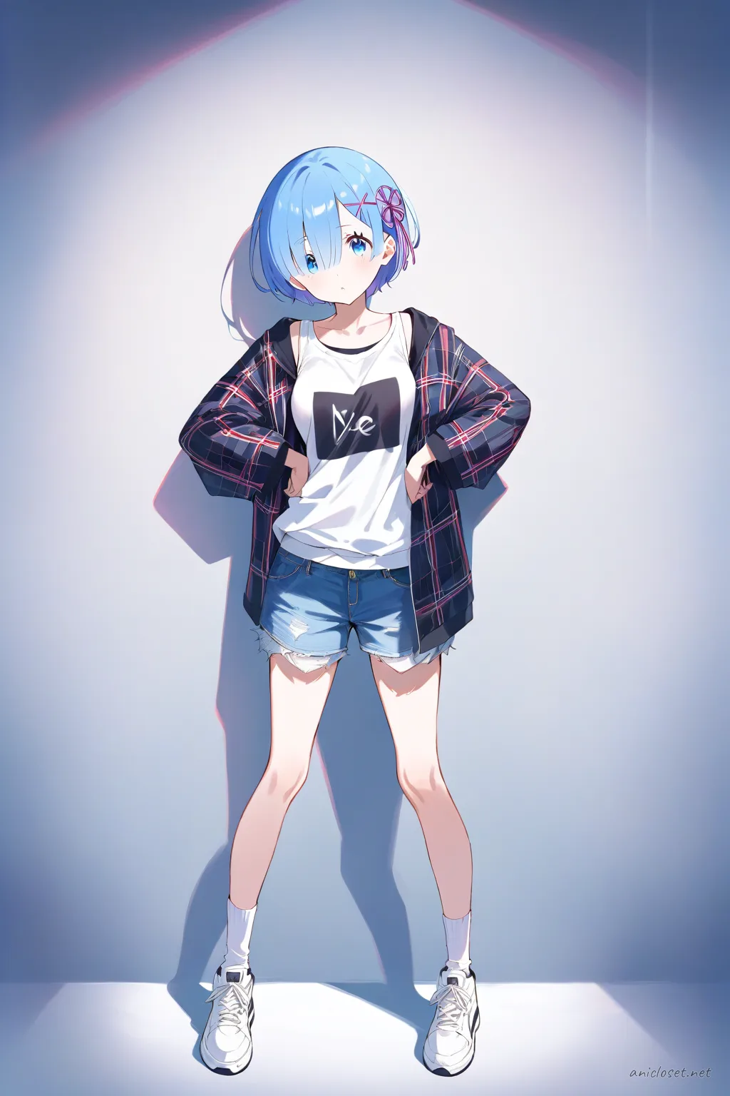 Full-body illustration of Rem in street casual outfit with plaid shirt layered over white tank top, denim shorts, white ankle socks, and white sneakers on a clean studio backdrop