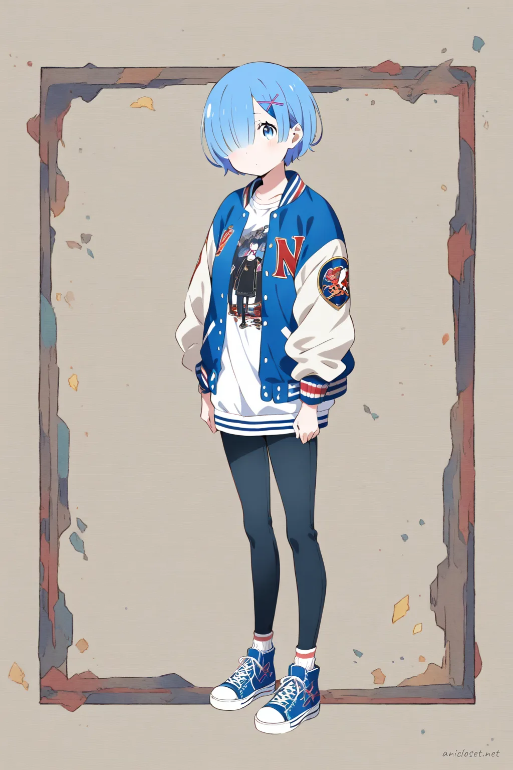 Full-body illustration of Rem in a varsity jacket, white graphic t-shirt, black skinny jeans, and high-top sneakers standing against a clean studio backdrop