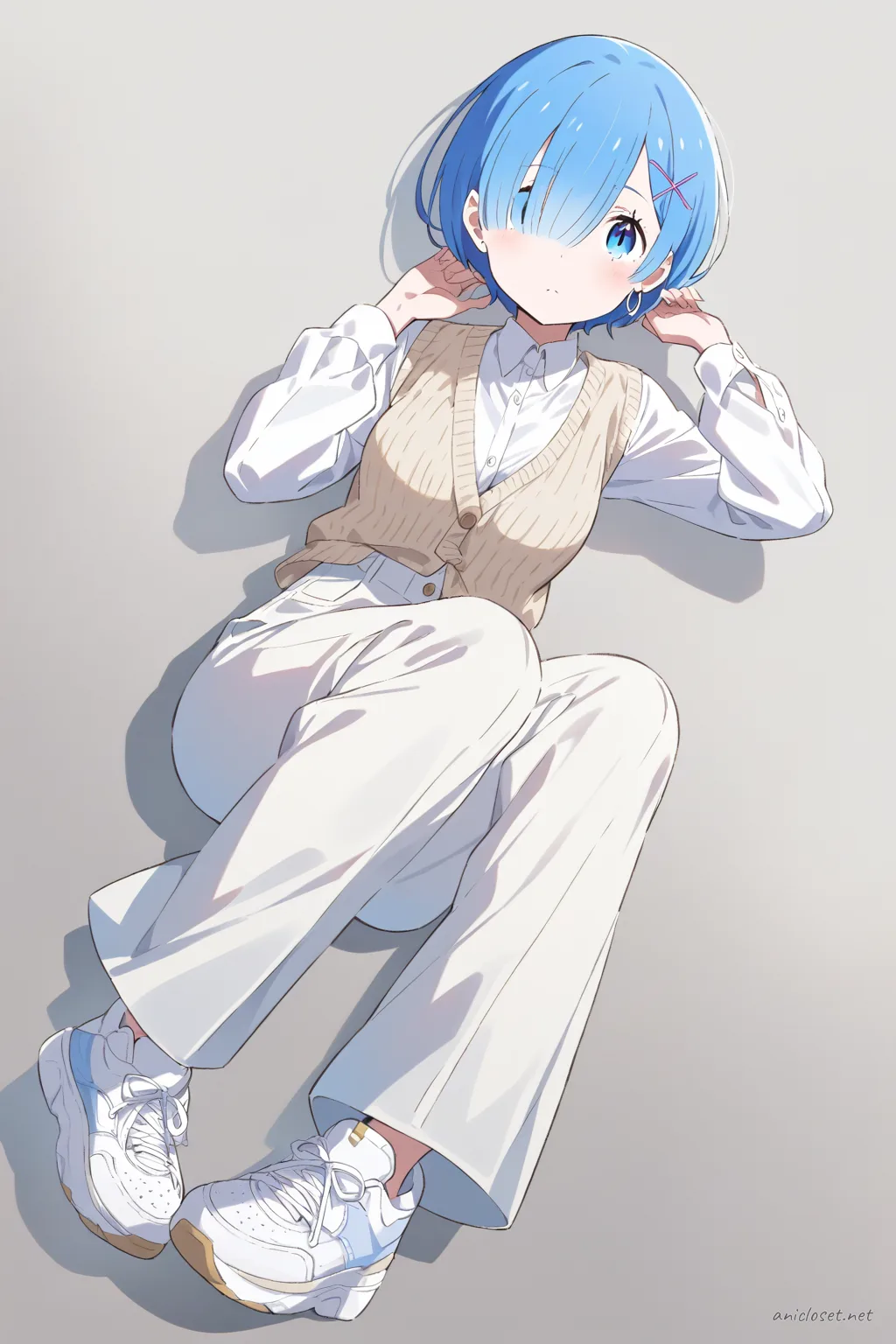 Illustration of Rem wearing a beige knit vest over a white long-sleeve button-up shirt, high-waisted wide-leg trousers, white sneakers, and silver hoop earrings in soft studio lighting
