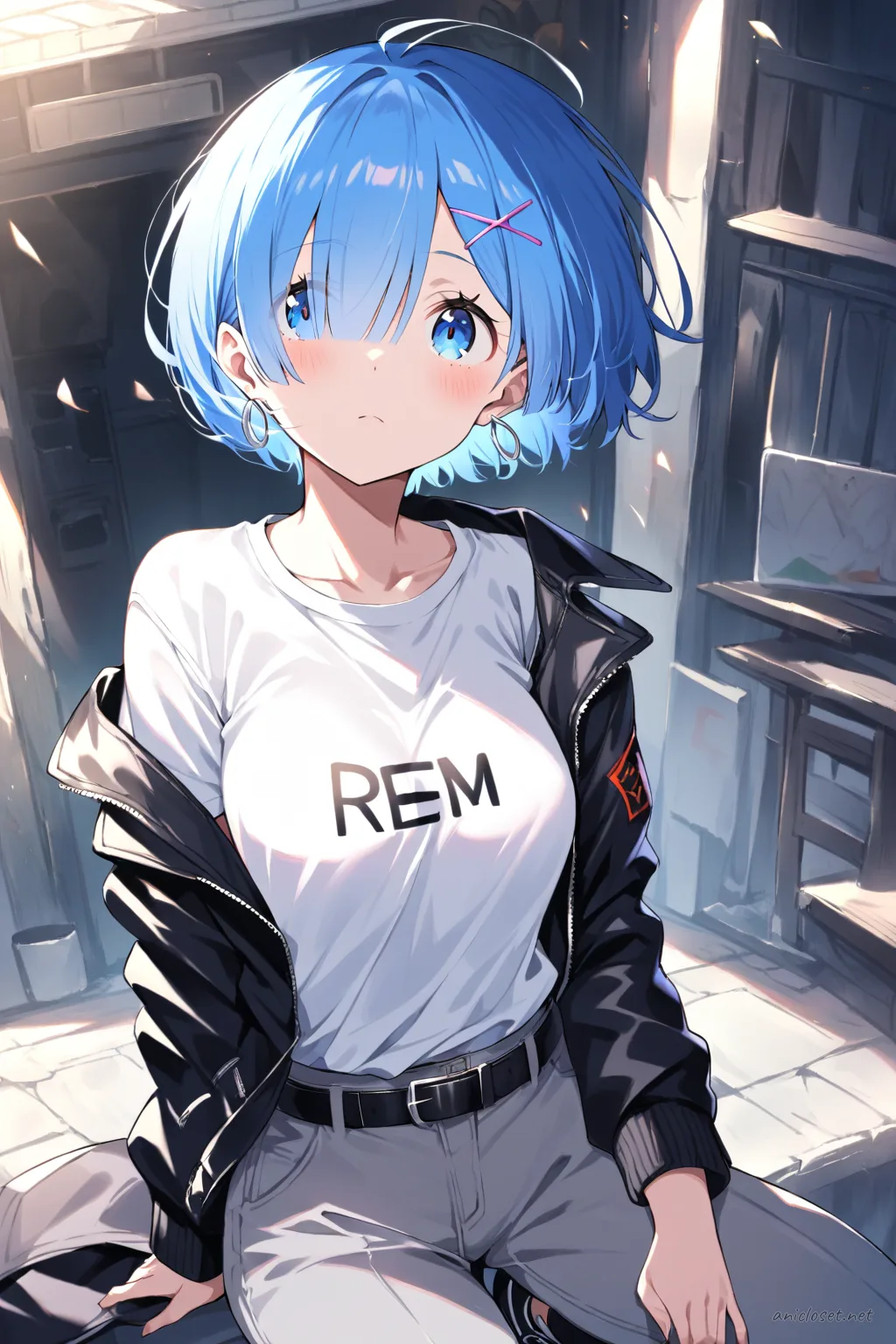 Full-body three-quarter view illustration of Rem from Re:Zero wearing a black bomber jacket, white graphic t-shirt, grey jogger pants, black high-top sneakers, silver hoop earrings, black leather belt, and black crossbody bag against a simple studio background