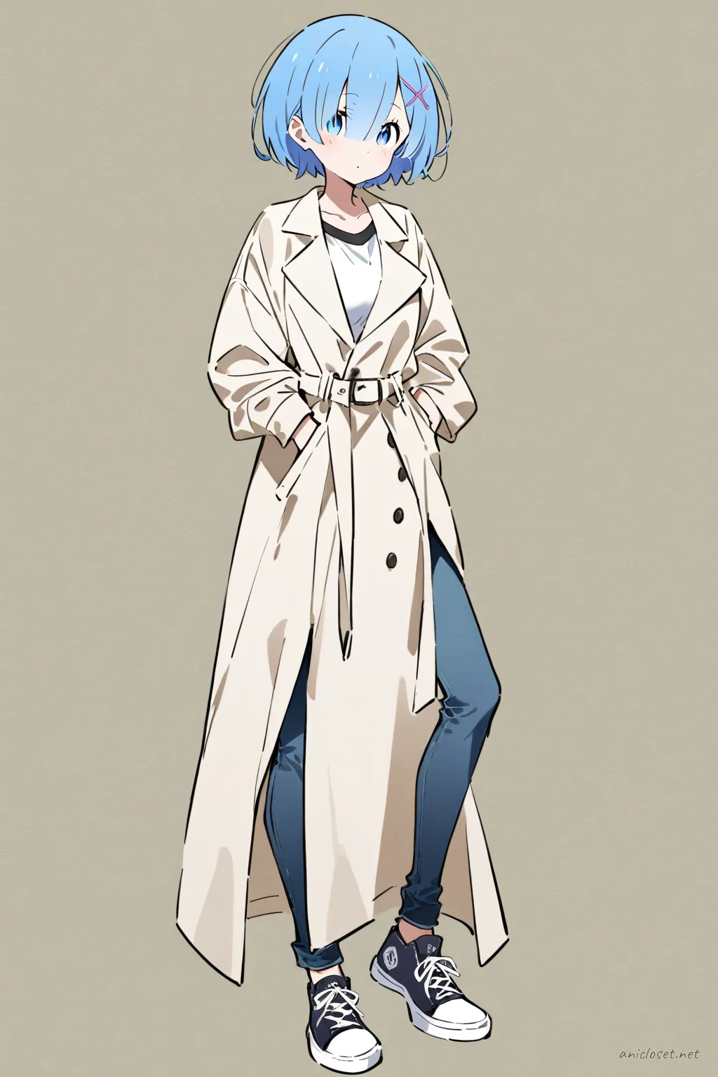 Illustration of Rem wearing a beige trench coat and slim fit jeans in a knee-up half-body pose with soft studio lighting