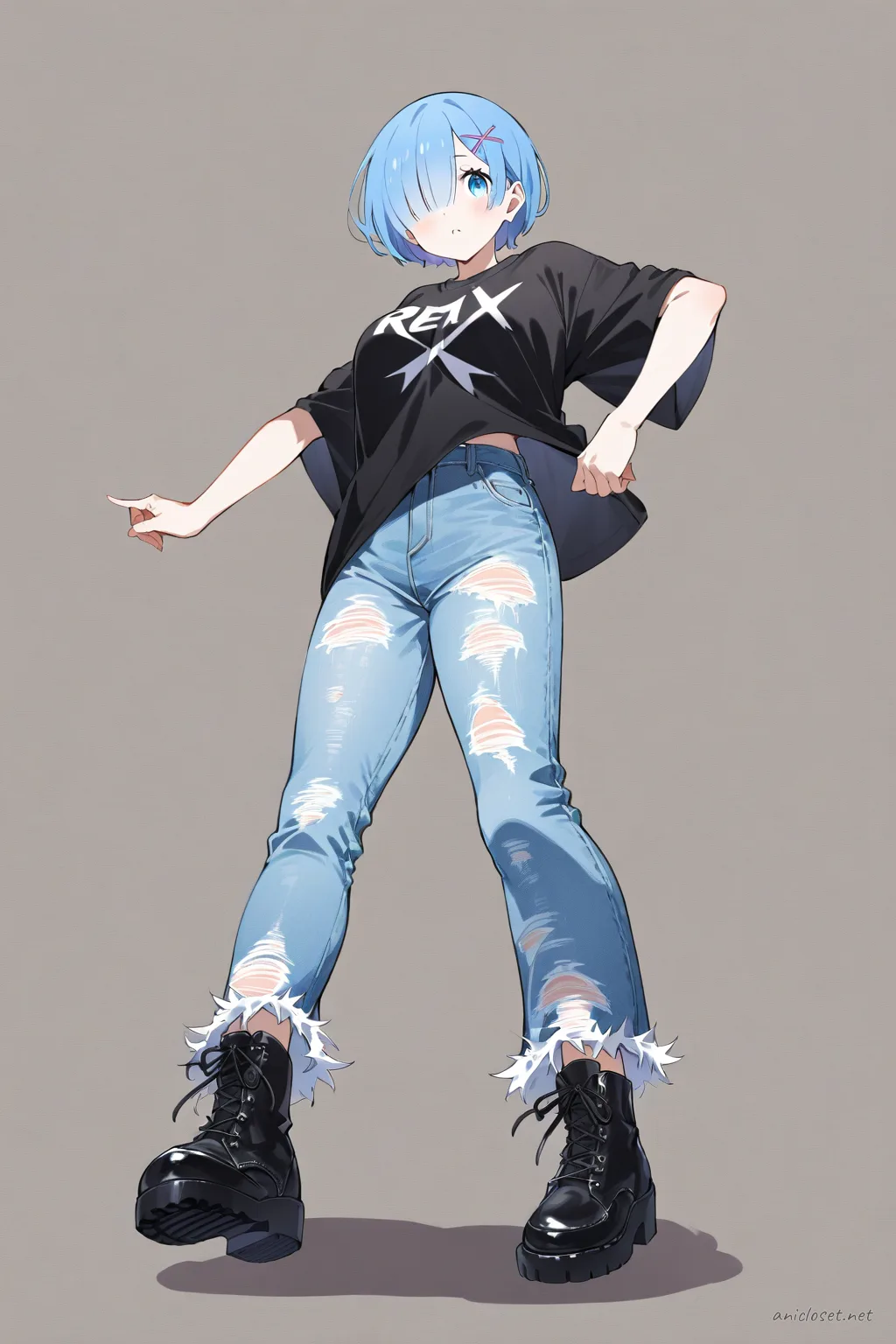 Full-body illustration of Rem from Re:Zero wearing a black oversized band tee, distressed light blue ripped high-waisted jeans, black leather ankle boots with chunky soles, silver chain necklace, and black leather belt, standing against a clean studio backdrop