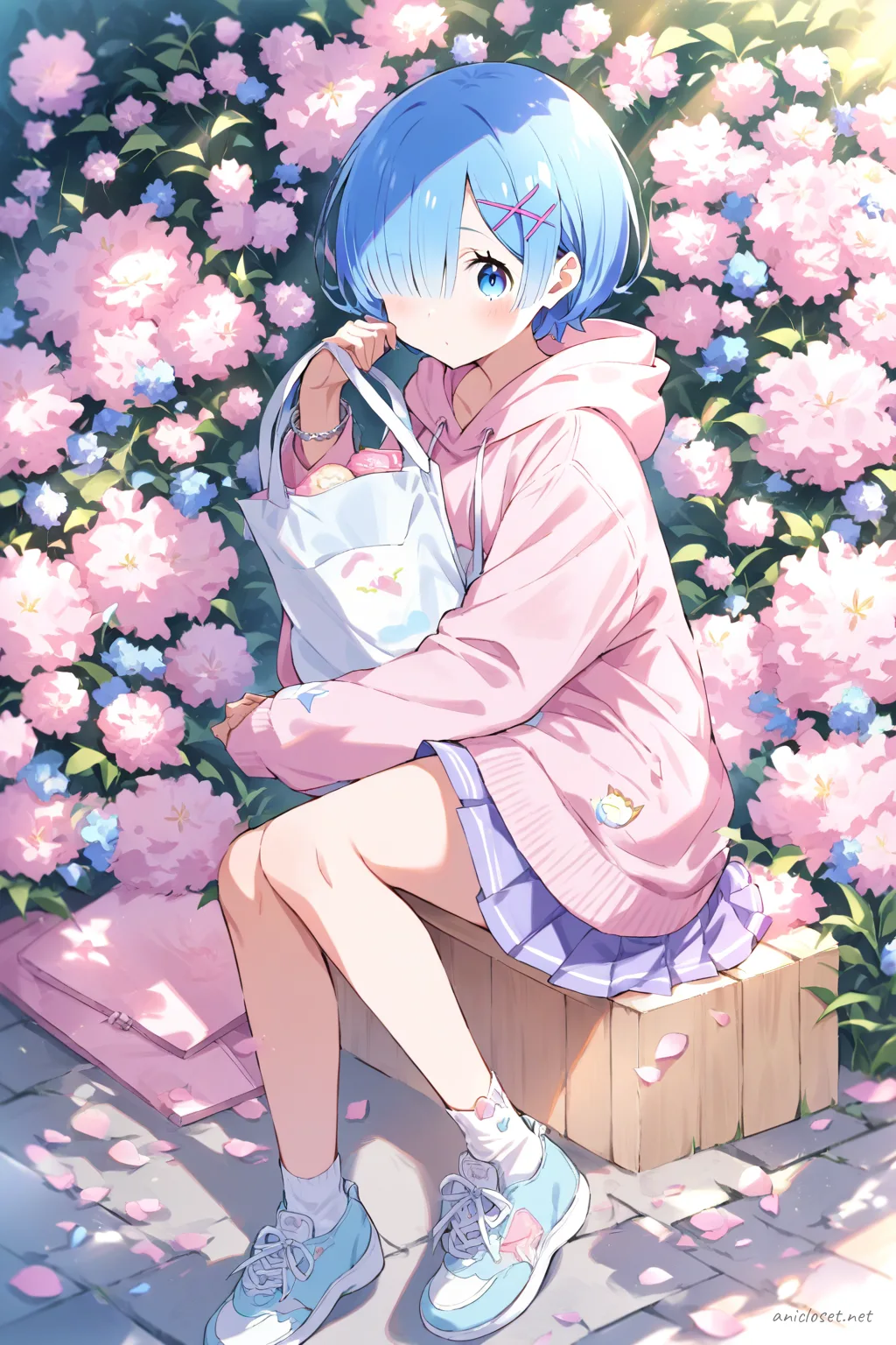 Illustration of Rem from Re:Zero in a soft pastel street casual outfit, featuring a pastel pink oversized hoodie, light lavender pleated skirt, white ankle socks, pastel blue sneakers, and a cream tote bag with minimalistic print under soft studio lighting