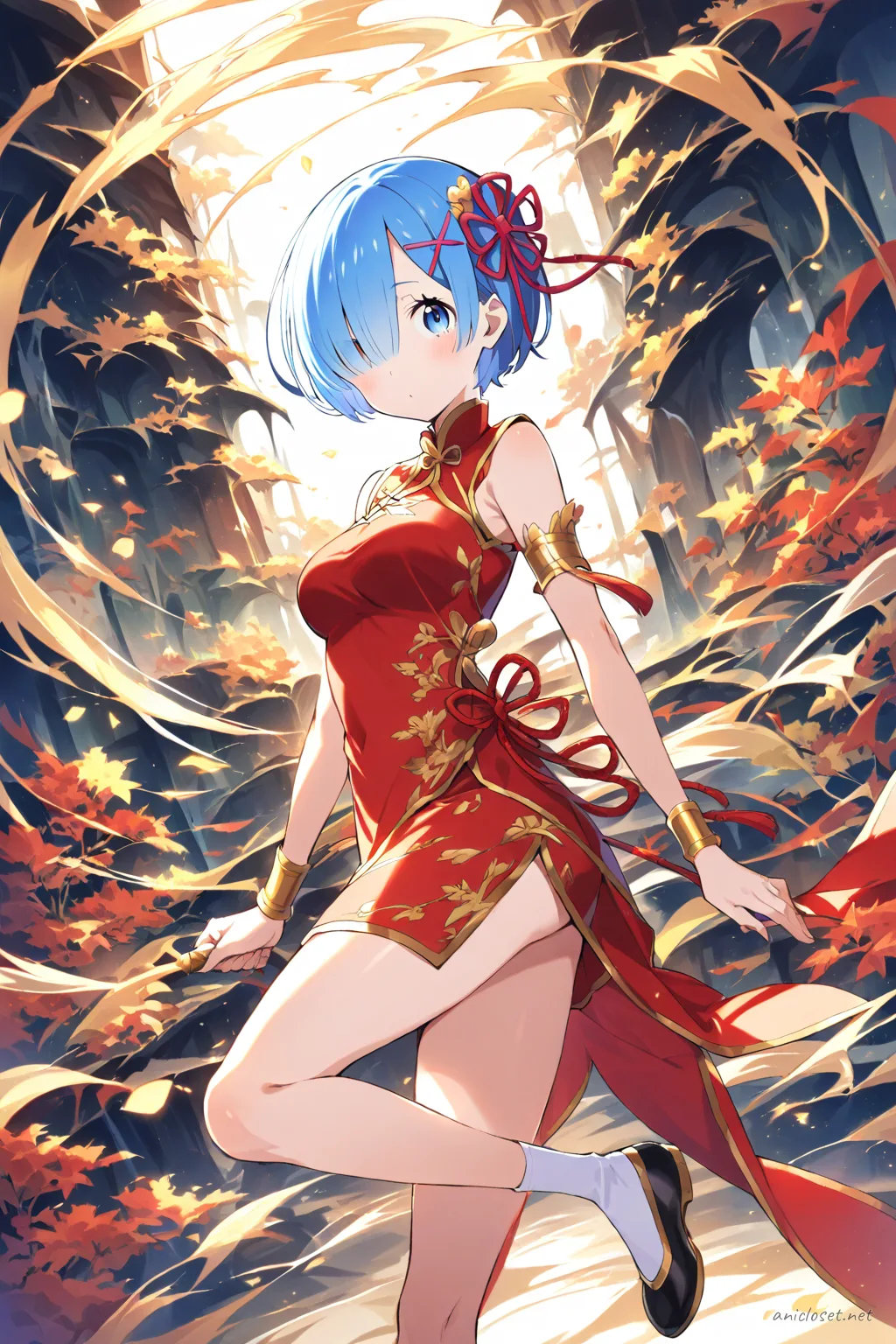 Full-body illustration of Rem from Re:Zero wearing a classic red qipao with gold trim, modest hem, high collar, and black ballet flats, standing against a clean studio backdrop