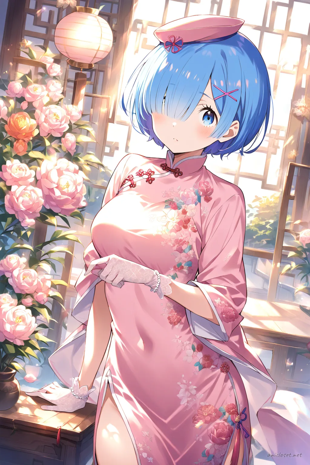 Full-body three-quarter view of Rem wearing a pastel pink qipao with floral embroidery, mandarin collar, cap sleeves, side slit, pearl bracelet, white lace gloves, nude sheer stockings, pink ballet flats, and a delicate hairpin against a clean studio background