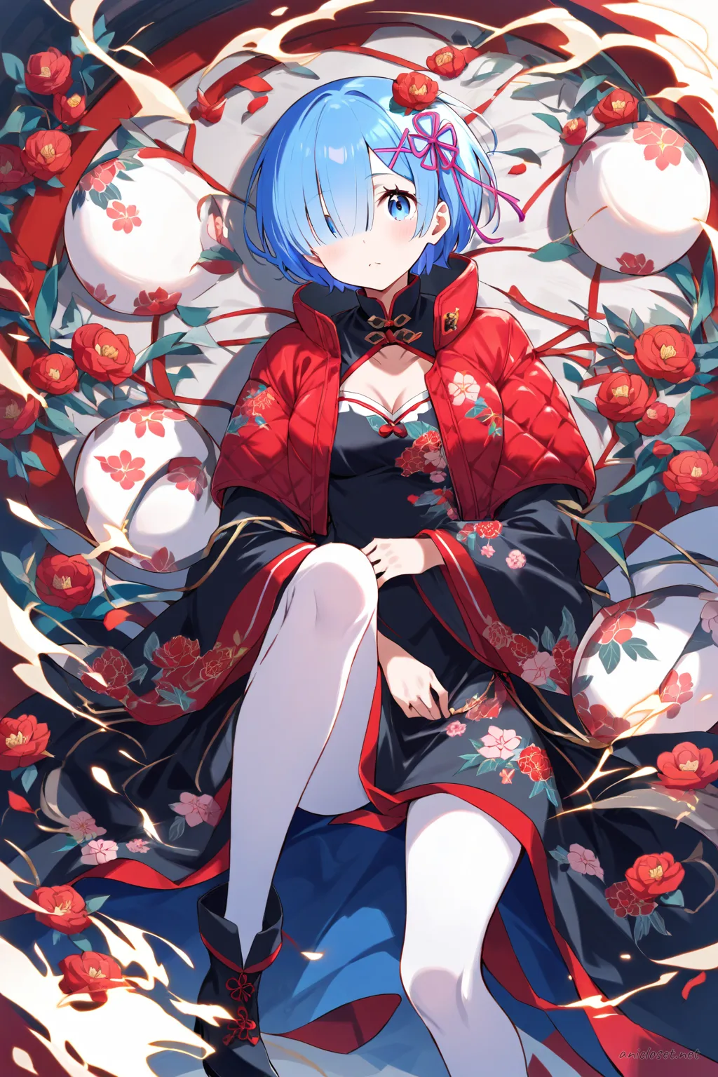 Full-body three-quarter view illustration of Rem wearing a long-sleeve black qipao with red floral embroidery and high collar, paired with a short red padded jacket, black opaque tights, black ankle boots with low heels, red silk sash belt, black fingerless gloves, and silver stud earrings on a clean studio background
