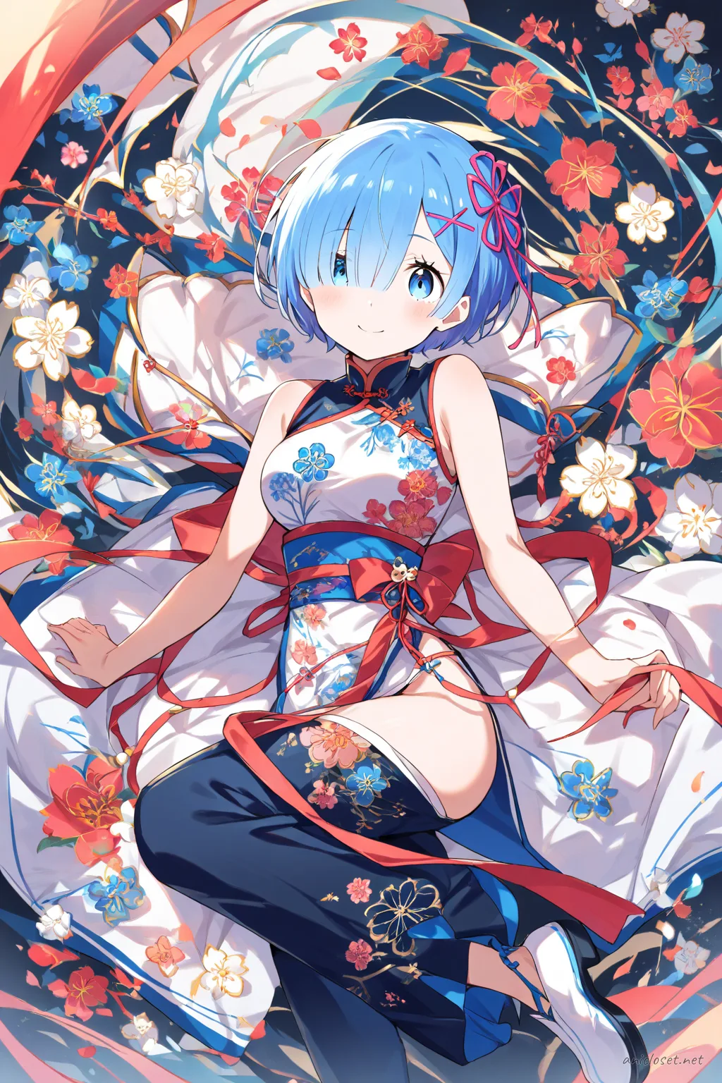 Full-body illustration of Rem from Re:Zero wearing a modest qipao and wide leg trousers fusion outfit, standing in a clean studio backdrop with slip-on shoes visible