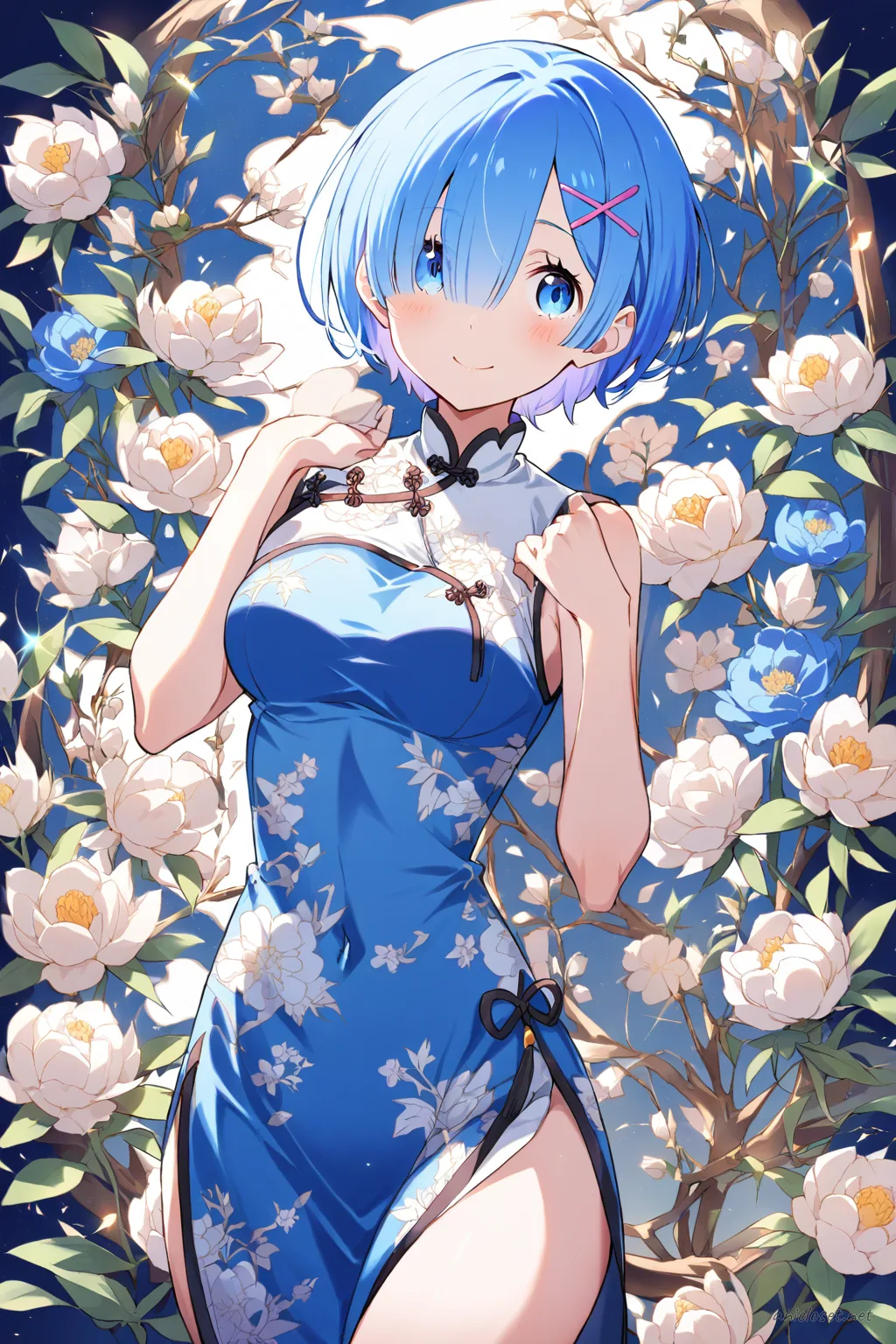 Illustration of Rem from Re:Zero in a blue floral sleeveless qipao with high slit, standing pose on clean studio background wearing black ankle-strap heels and sheer stockings