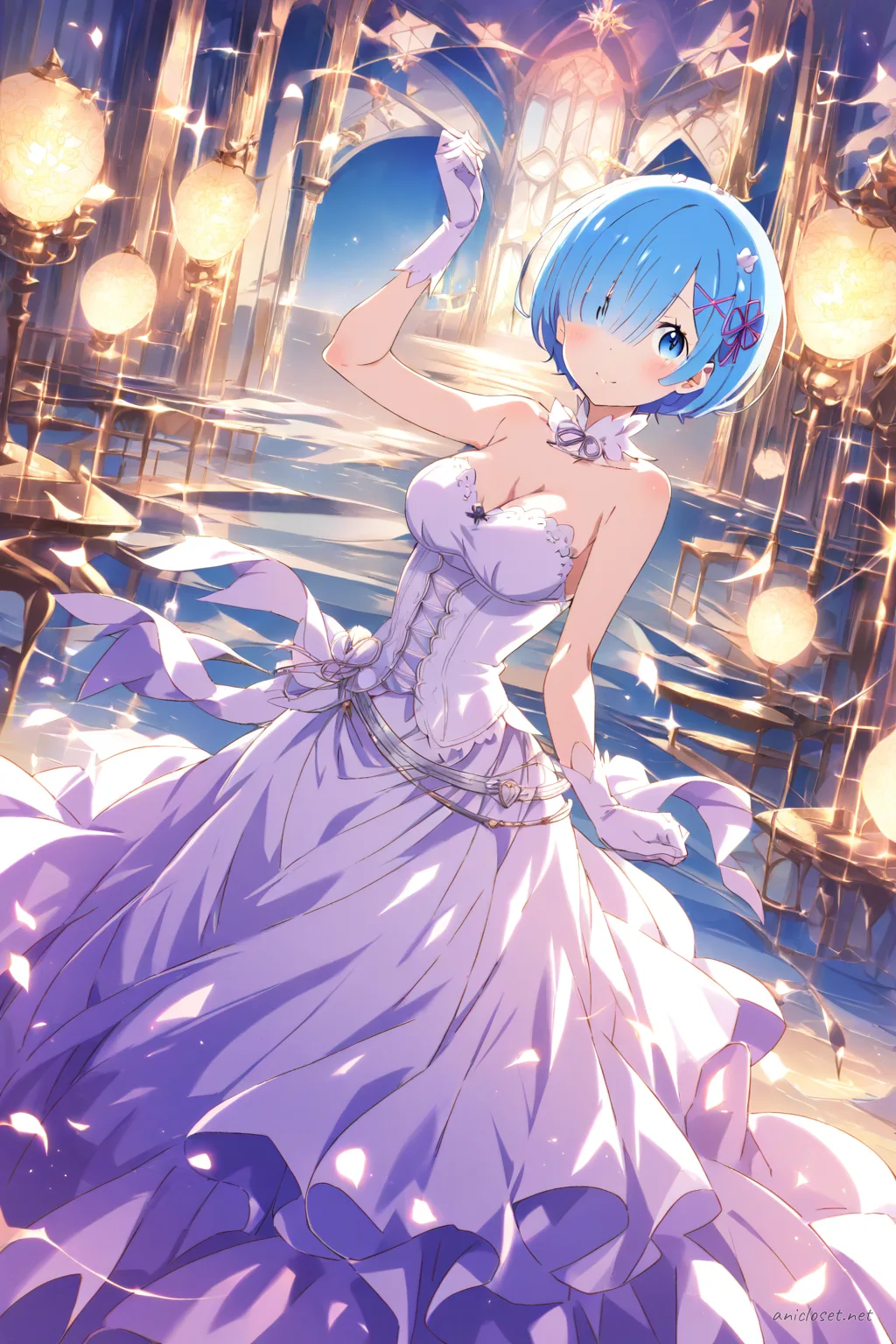Full-body illustration of Rem standing in a floor-length satin evening gown with slit skirt, satin gloves, pearl necklace, high-heeled pumps, and clutch bag against a simple studio background