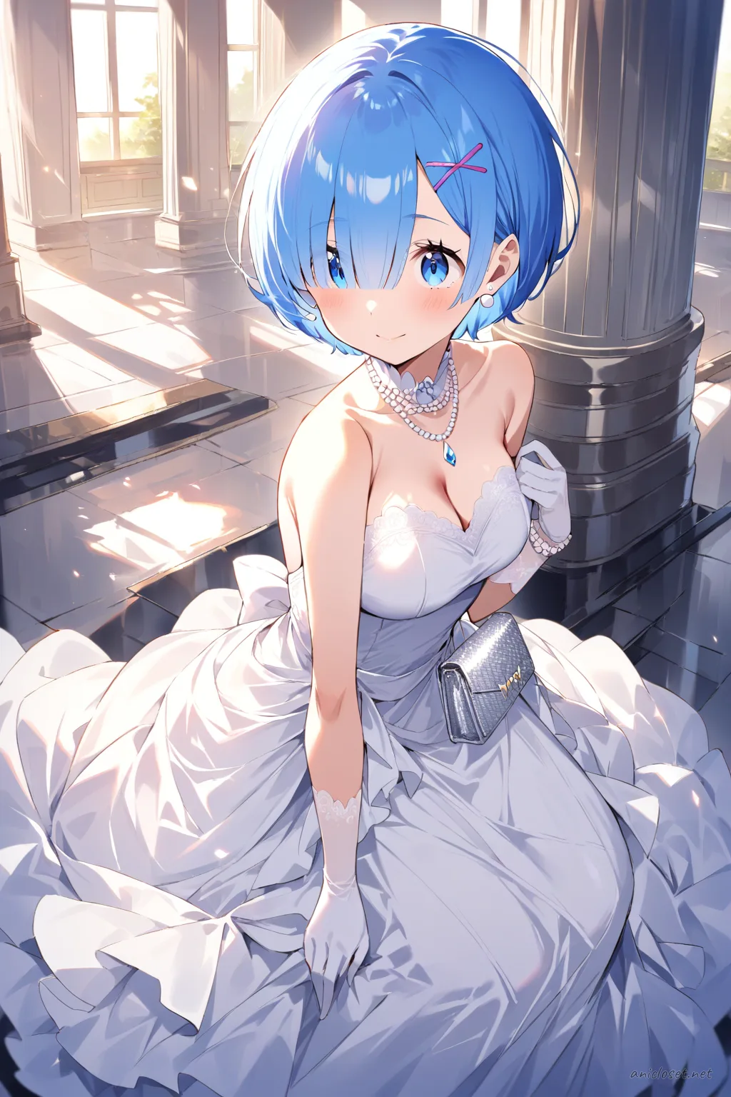 Full-body illustration of Rem from Re:Zero wearing a white floor-length sleeveless evening gown with pearl necklace, earrings, bracelet, white satin gloves, silver clutch bag, and white high heels, standing against a clean studio background.