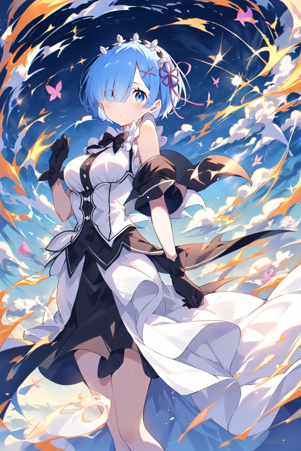 Full-body illustration of Rem in a black tuxedo dress hybrid with white shirt, black bow tie, sheer gloves and stockings, standing against a clean studio backdrop
