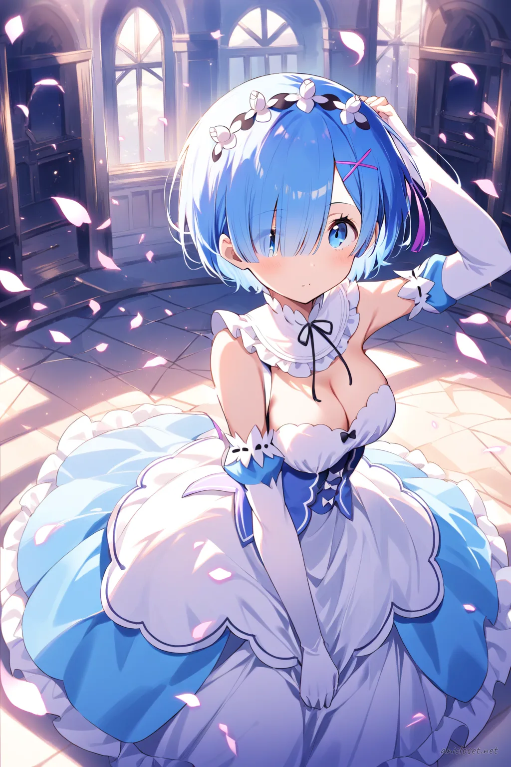 Full-body illustration of Rem in a strapless satin ballgown with a soft volume skirt, elbow-length gloves, pearl necklace, small clutch, and high-heeled pumps, standing against a clean studio backdrop