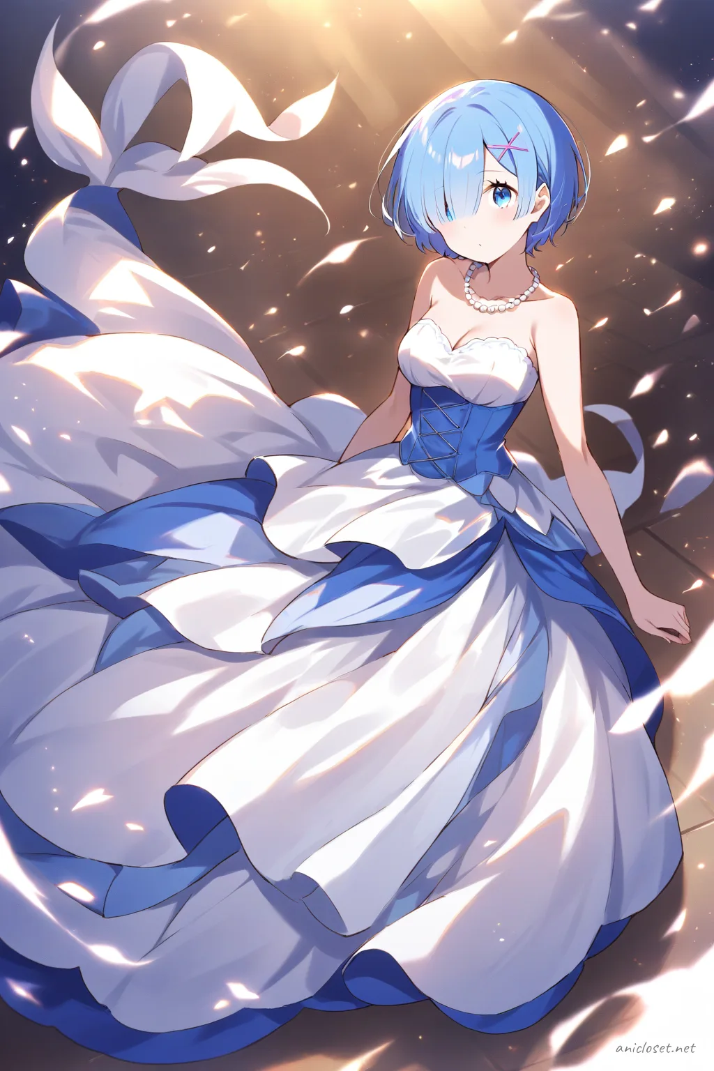 Illustration of Rem from Re:Zero wearing a strapless mermaid silhouette evening dress with pearl necklace and earrings, shown knee-up with soft studio lighting