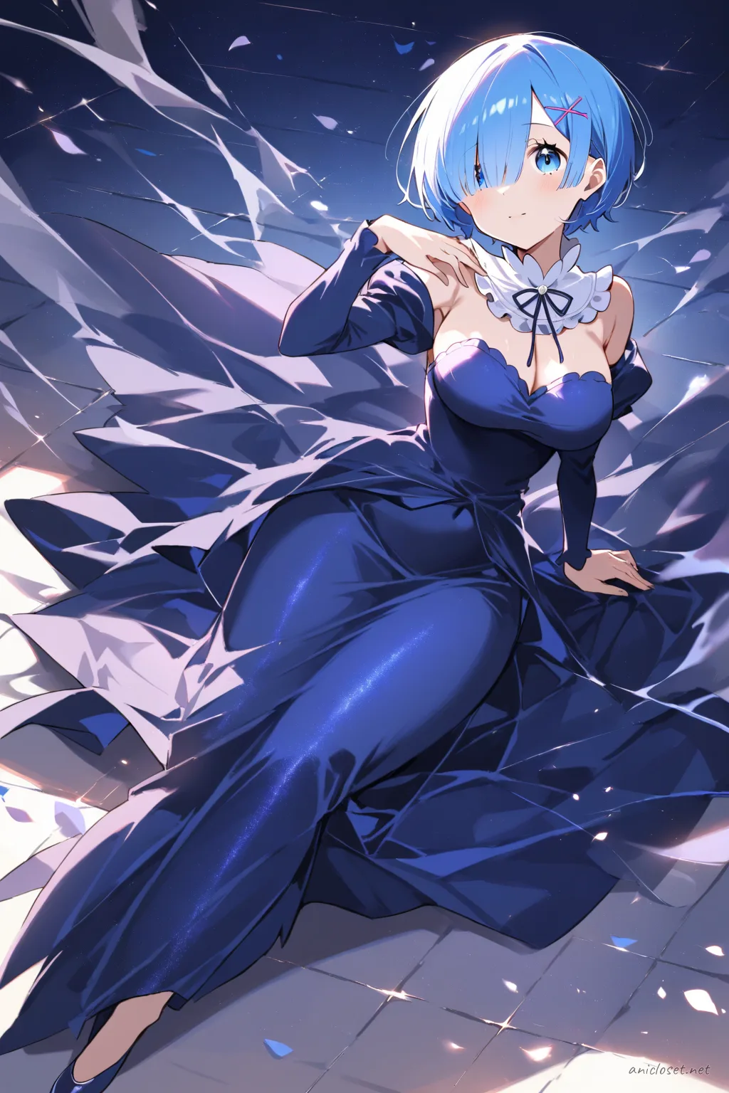 Half-body illustration of Rem wearing a deep navy blue velvet formal dress with long sleeves and high neckline, holding a small silver clutch under soft studio lighting