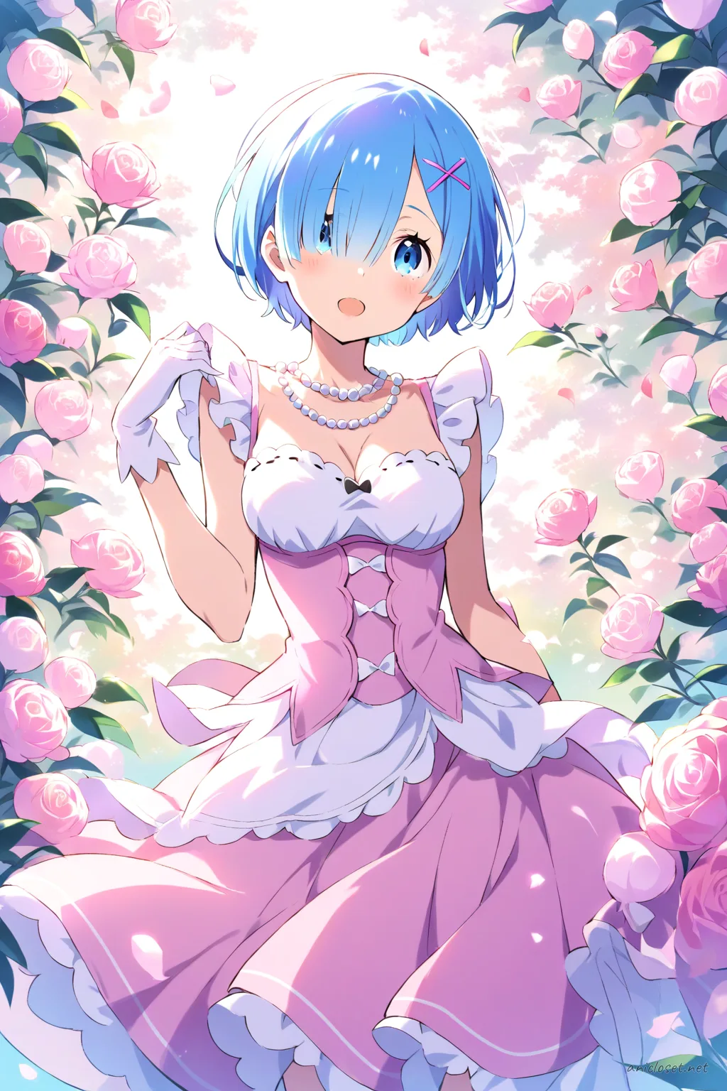Full-body three-quarter view illustration of Rem in a pastel pink sleeveless midi dress with sweetheart neckline, sheer chiffon overlay, pearl necklace, white satin gloves, silver strappy heels, and small clutch purse on a clean studio background