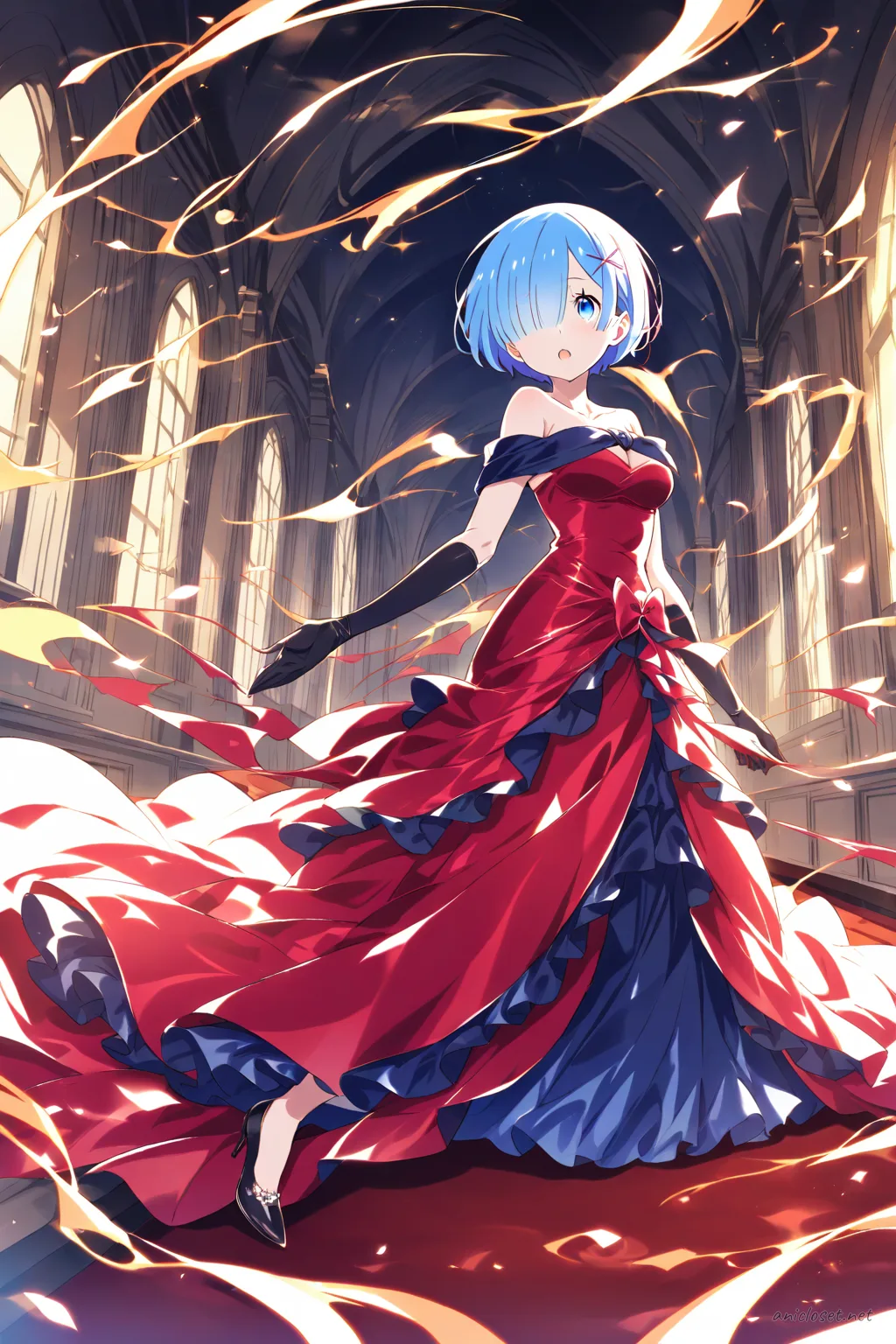 Full-body three-quarter view illustration of Rem from Re:Zero wearing a red carpet gown with a dramatic train, off-shoulder neckline, fitted satin bodice, long gloves, stiletto heels, clutch purse, chandelier earrings, and elegant updo against a simple studio background