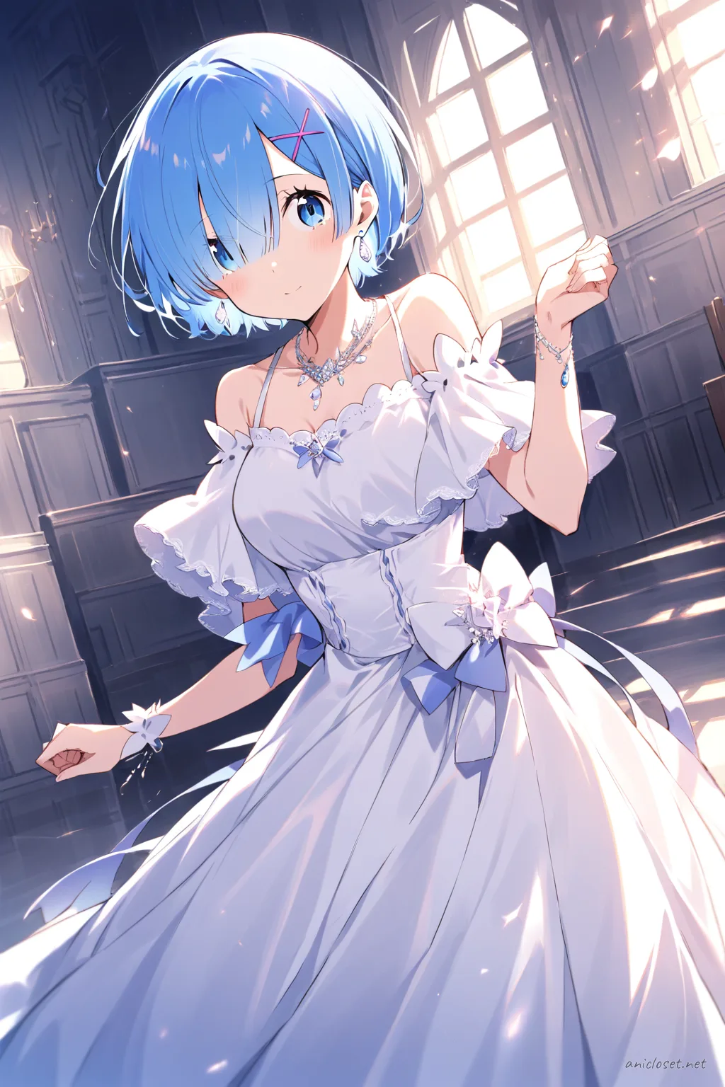Illustration of Rem from Re:Zero wearing an off-shoulder satin formal dress with lace trim, sheer gloves, and silver jewelry in soft studio lighting