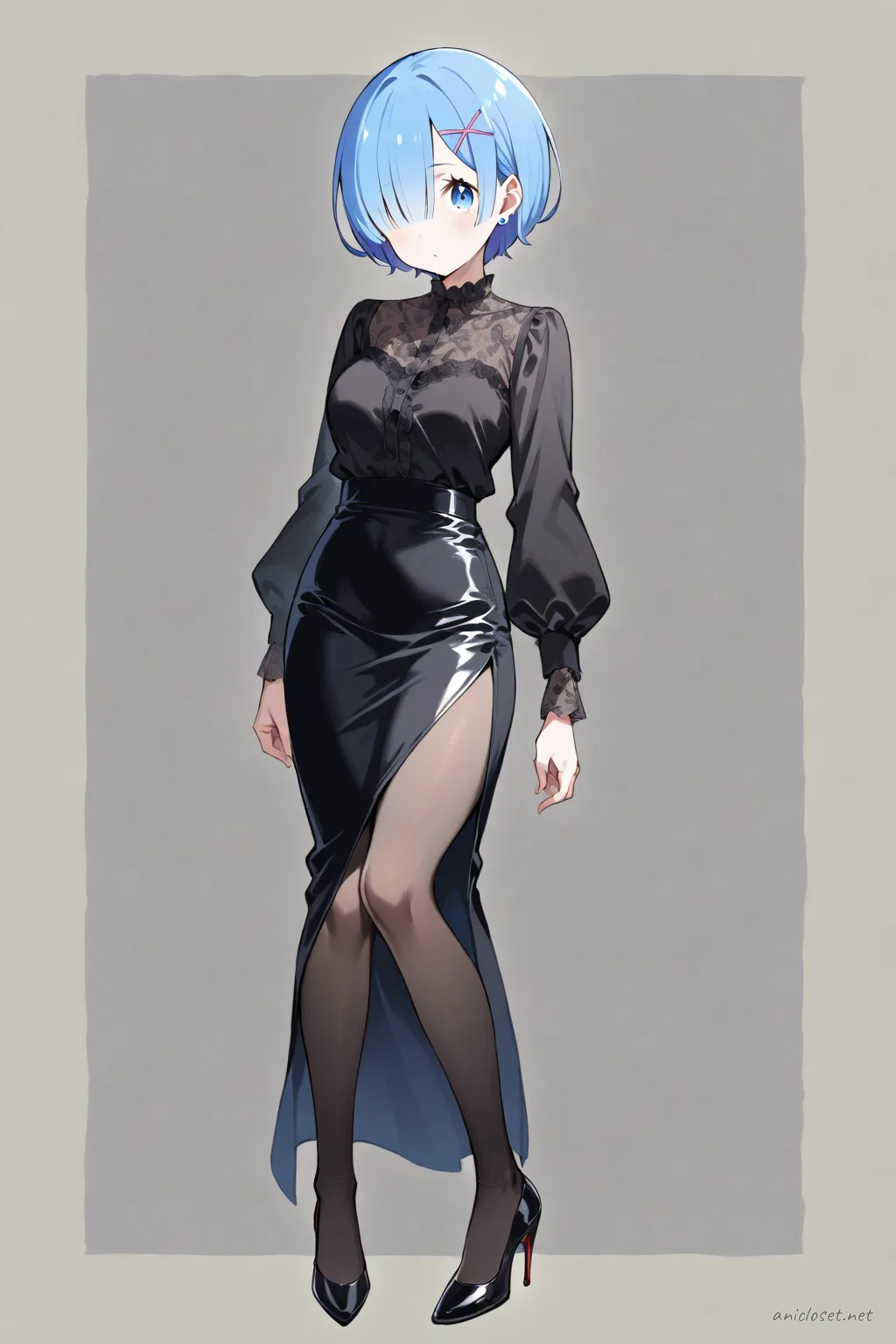 Half-body illustration of Rem in black satin blouse and high-waist pencil skirt with front slit, sheer tights and black heels, posed at hotel bar