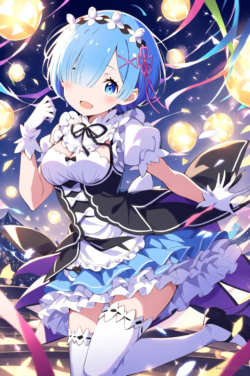 Full-body illustration of Rem from Re:Zero in a frilly idol dress with stage bow, standing pose on clean studio backdrop, shoes visible