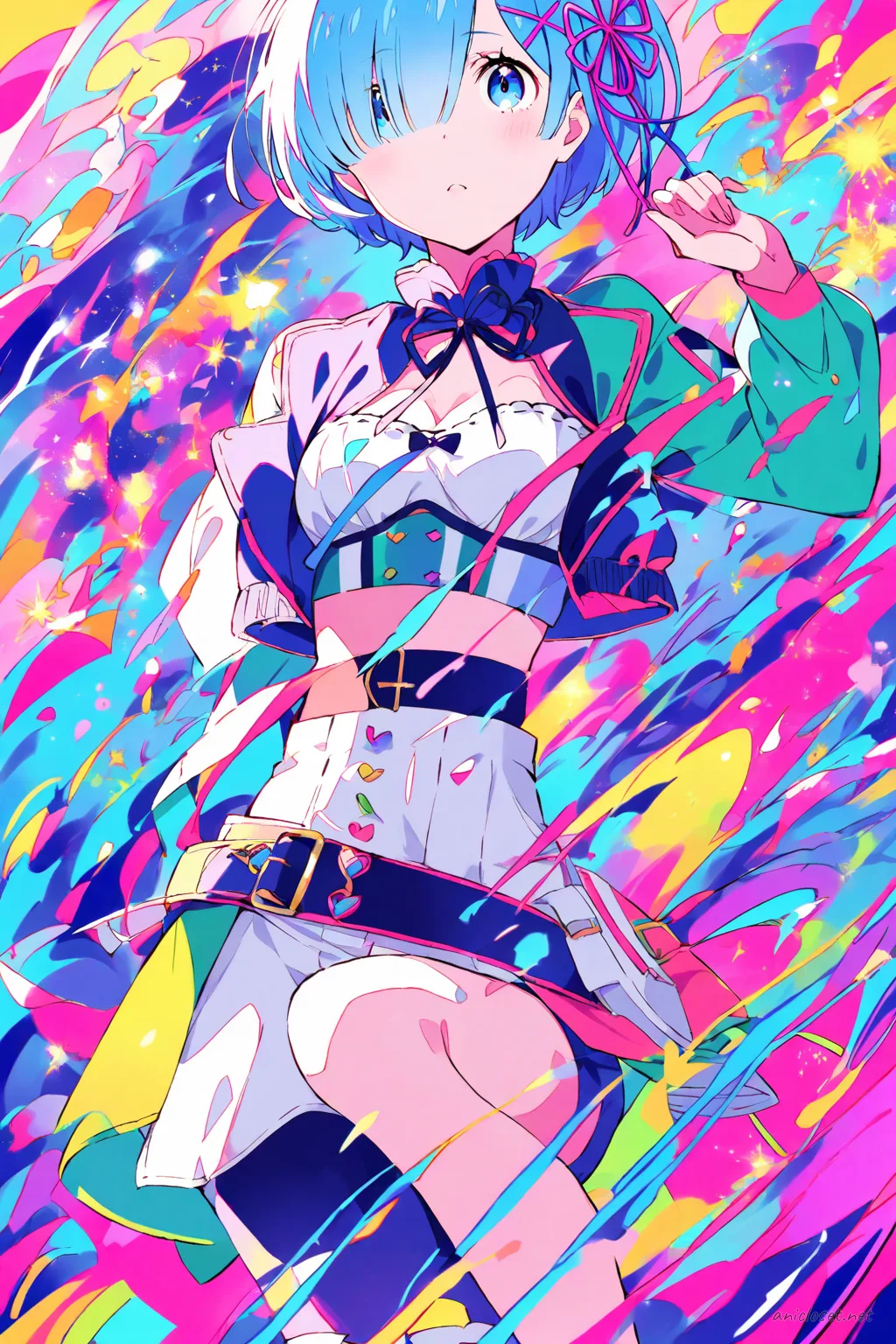 Full-body illustration of Rem in a colorful cropped idol jacket and high-waisted shorts, white thigh-high stockings, colorful ankle boots, and fingerless gloves, standing in a clean studio backdrop