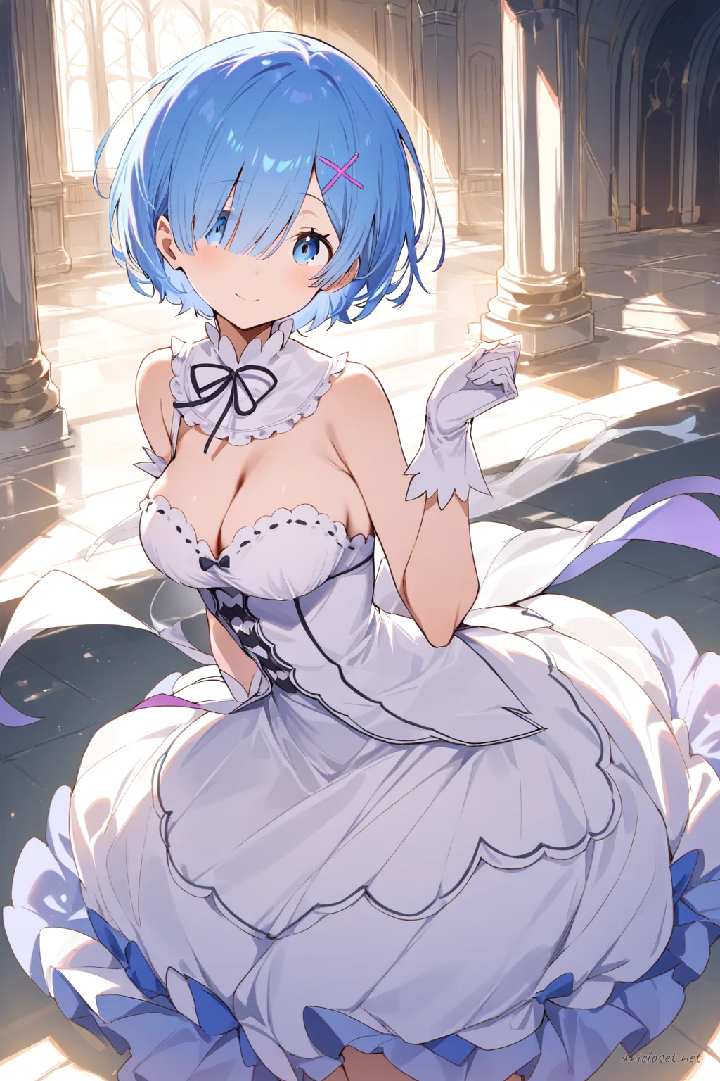Illustration of Rem from Re:Zero wearing an elegant sleeveless floor-length gown with sweetheart neckline, satin gloves, pearl necklace, and high heels, shown knee-up under soft studio lighting on a clean background