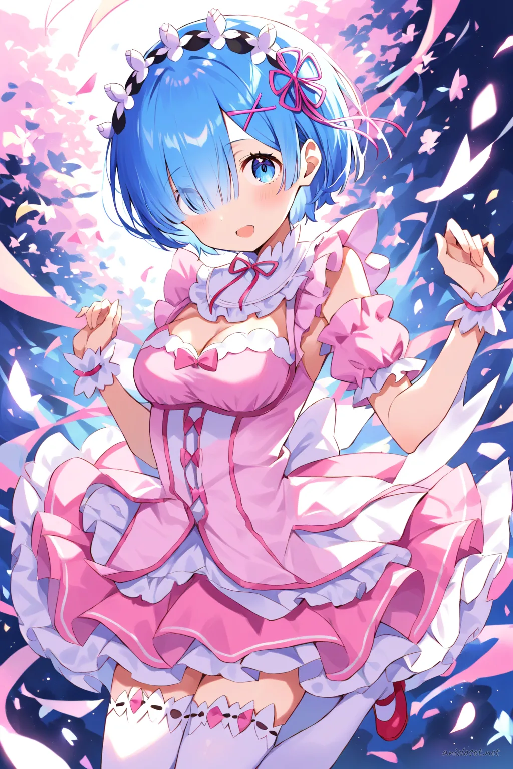 Full-body illustration of Rem from Re:Zero in pastel pink idol dress with twin ribbon hair accessories, layered tulle skirt, white thigh-high stockings, and pastel pink mary jane shoes on a clean studio backdrop