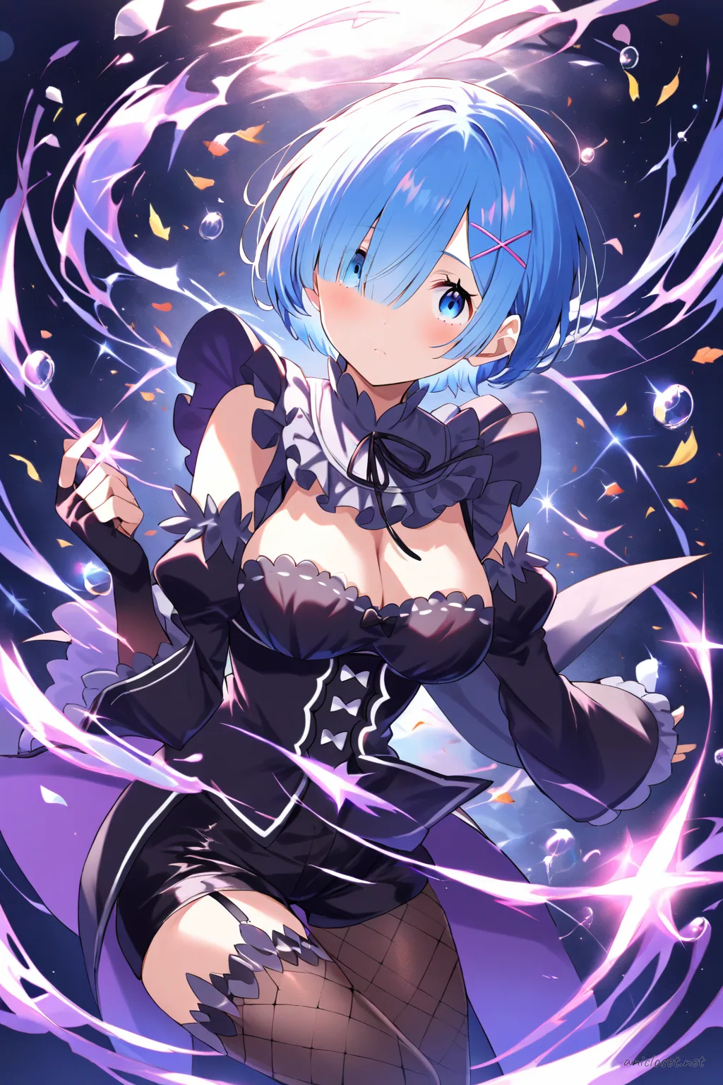 Illustration of Rem from Re:Zero in a dark glam idol outfit with black sequin halter top, purple velvet bolero, and leather shorts under soft studio lighting