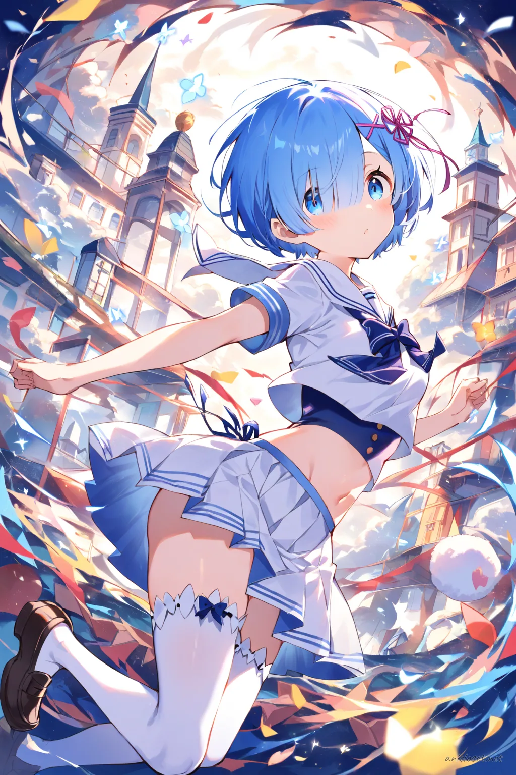 Knee-up half-body illustration of Rem from Re:Zero wearing a school-idol inspired sailor uniform with pleated skirt, ribbon neckwear, thighhigh socks, and holding a stage microphone against a clean background with soft studio lighting