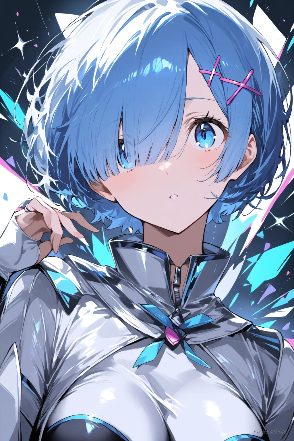 Full-body three-quarter view of Rem in a futuristic idol costume with white and silver sleek bodysuit, thigh-high boots, and transparent visor