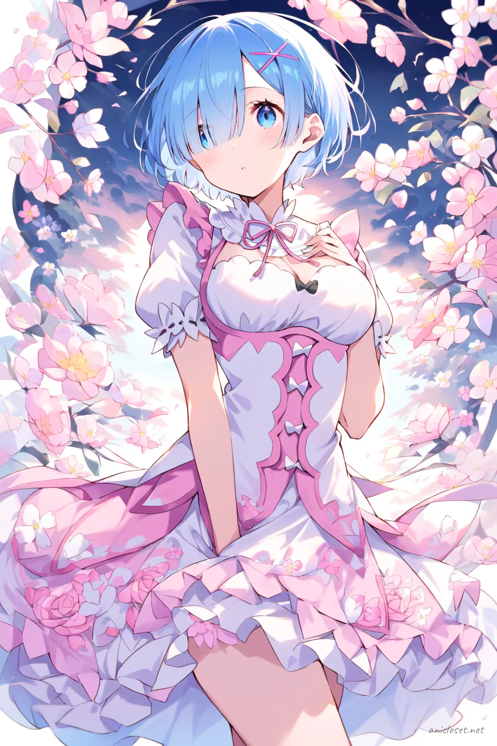 Knee-up half-body illustration of Rem from Re:Zero wearing a pastel pink and white flower motif idol dress with puffed sleeves and layered chiffon skirt, soft studio lighting