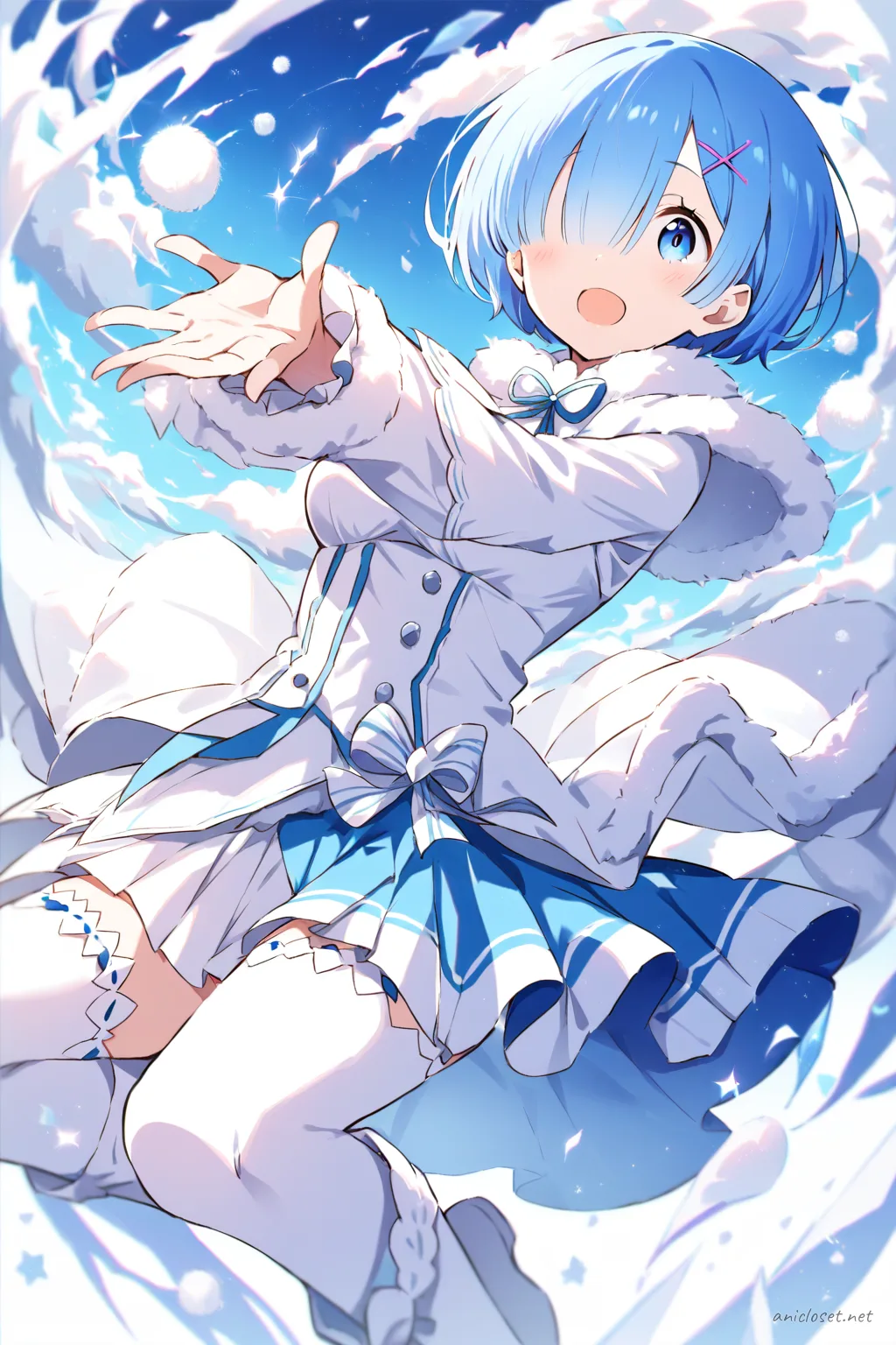 Full-body three-quarter view of Rem in a blue and white winter idol dress with white capelet, pleated skirt, knee-high boots, and silver snowflake hair accessory under stage spotlight