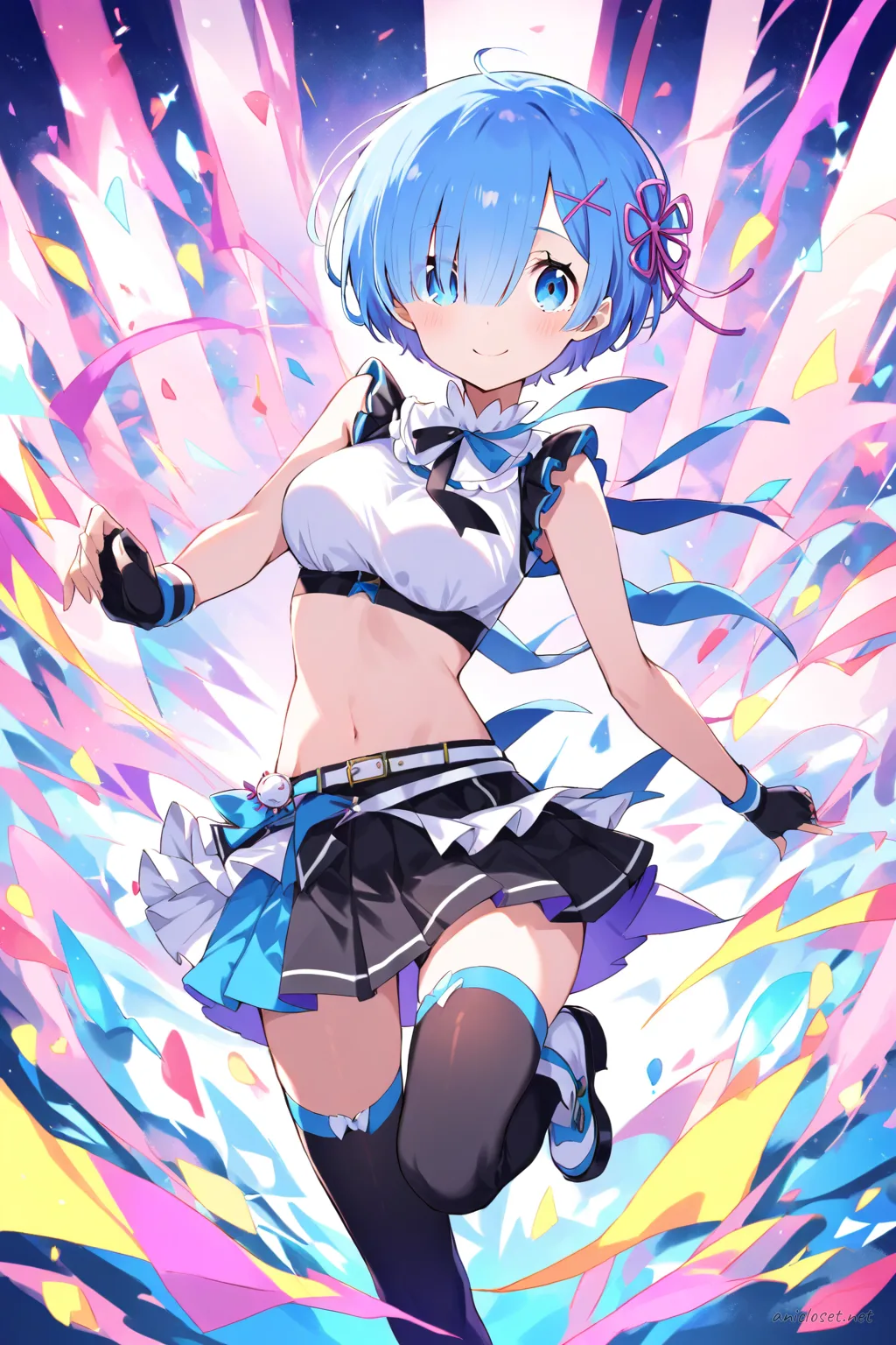 Full-body illustration of Rem from Re:Zero in a group-dance idol outfit with short pleated skirt, sleeveless crop top, ribbon necktie, fingerless gloves, thigh-high stockings, platform mary jane shoes, and stage microphone headset, standing against a clean studio backdrop
