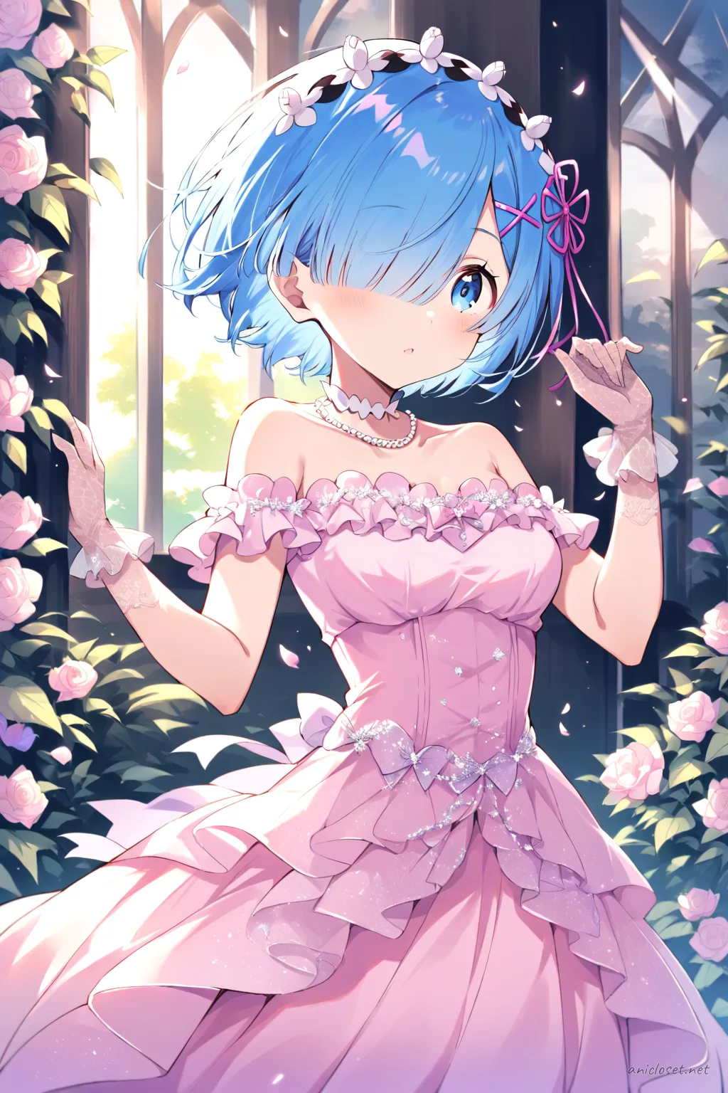 Full-body three-quarter view illustration of Rem in a pastel pink off-shoulder ball gown with flowing chiffon skirt, lace gloves, pearl choker, and floral hairpin under soft studio lighting