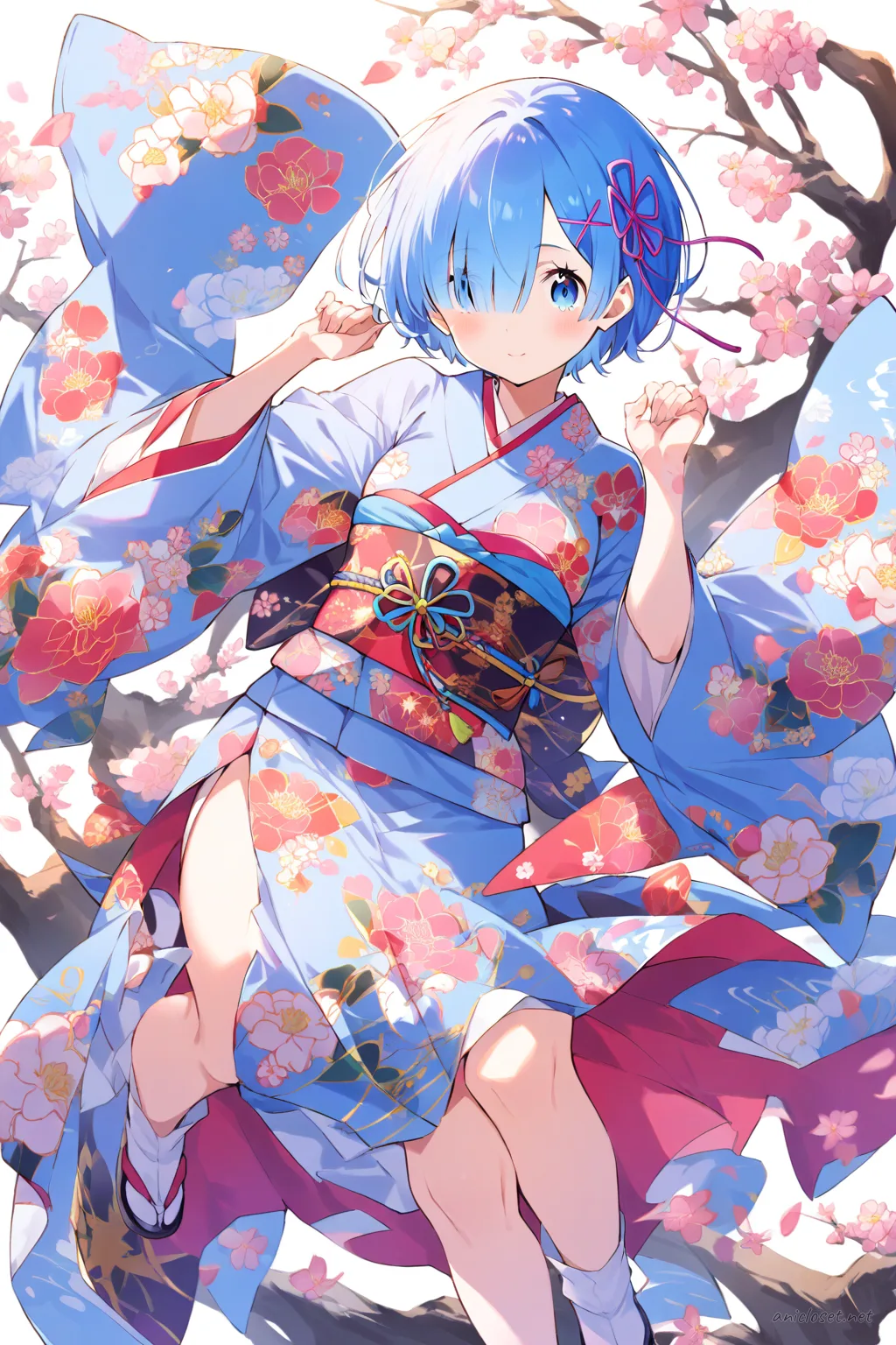 Half-body knee-up illustration of Rem from Re:Zero wearing a furisode kimono with floral patterns and an ornate obi, soft pastel colors, soft studio lighting