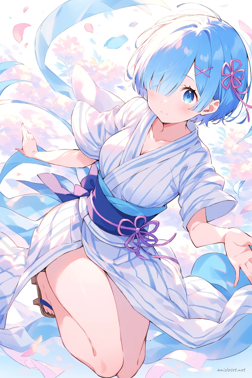 Full-body illustration of Rem from Re:Zero wearing a summer yukata with simple vertical stripes, tied obi sash, and traditional geta sandals, standing in a clean studio setting